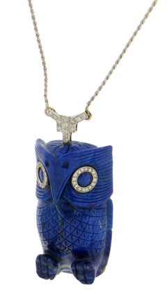 Handcraft Lapis Owl 18 Karat White Gold Diamonds Pendant Necklace