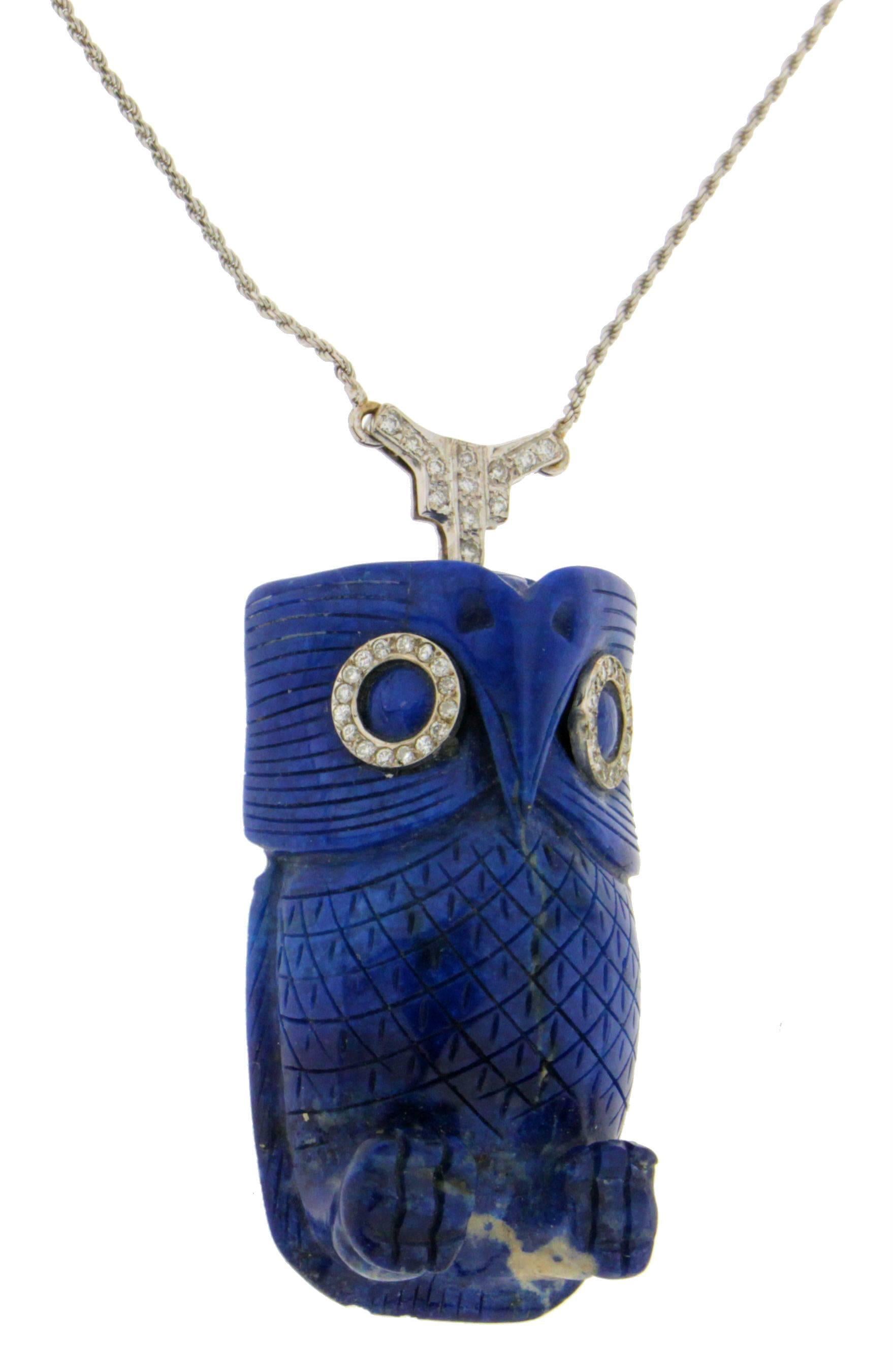 Artisan Handcraft Lapis Owl 18 Karat White Gold Diamonds Pendant Necklace For Sale