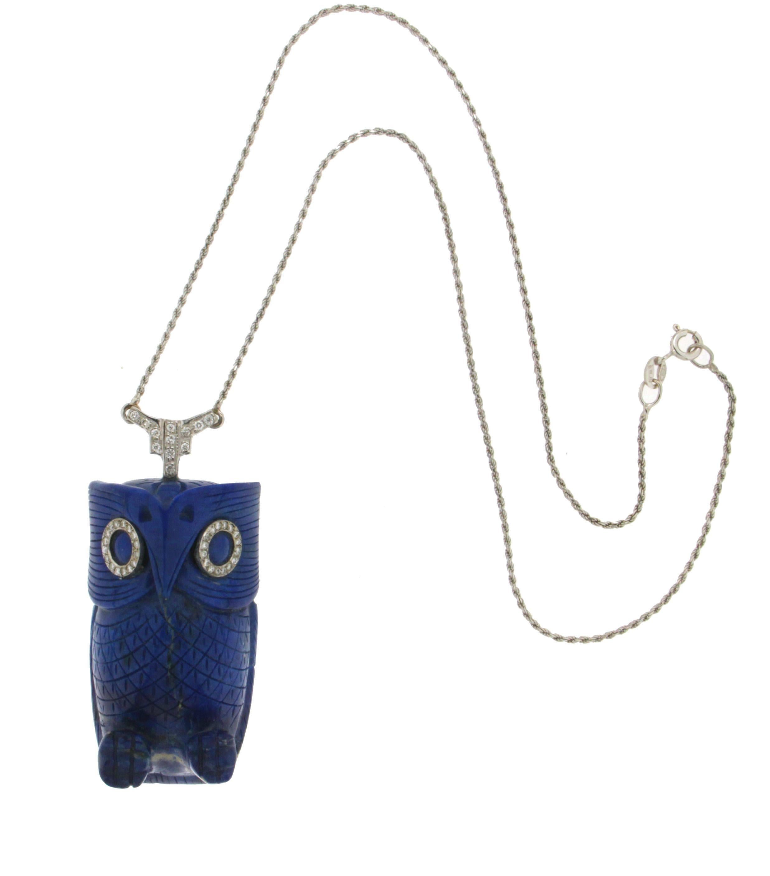 Handcraft Lapis Owl 18 Karat White Gold Diamonds Pendant Necklace For Sale 1