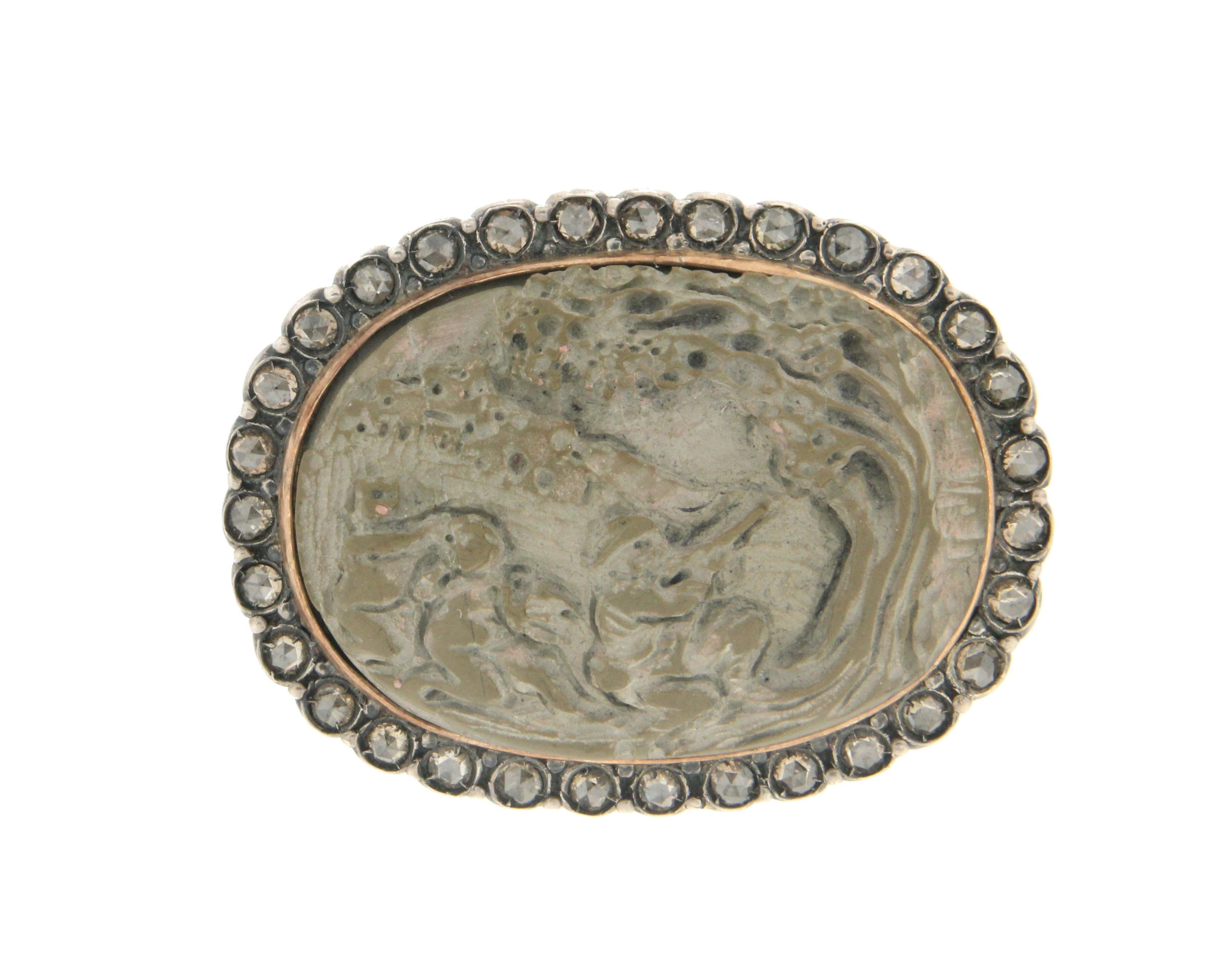 Rose Cut Handcraft Lava Cameo 14 Karat Gold and Silver Diamonds Brooch For Sale