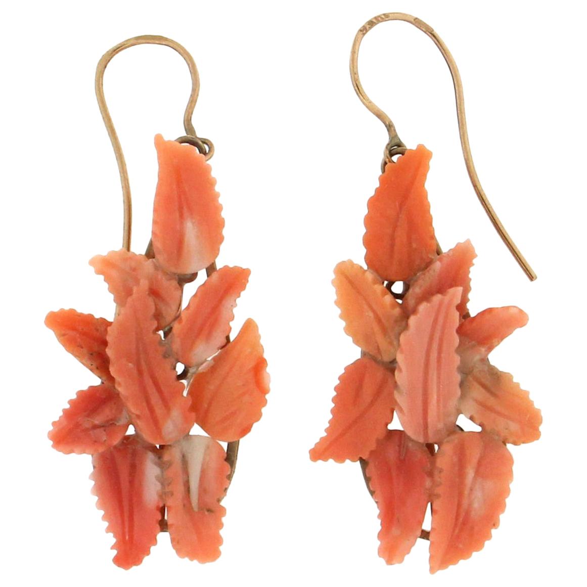 Handcraft Leaves 9 Karat Yellow Gold Coral Drop Earrings For Sale