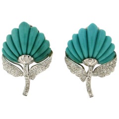 Handcraft Leaves Turquoise 14 Karat White Gold Diamonds Stud Earrings