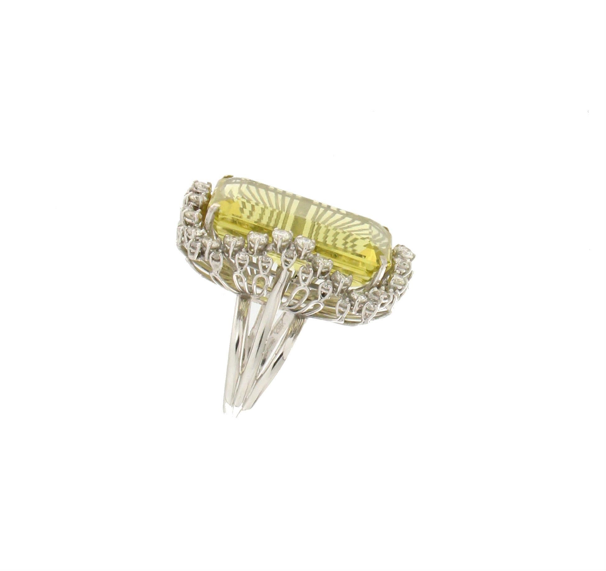 Octagon Cut Handcraft Lemon Quartz 18 Karat White Gold Diamonds Cocktail Ring