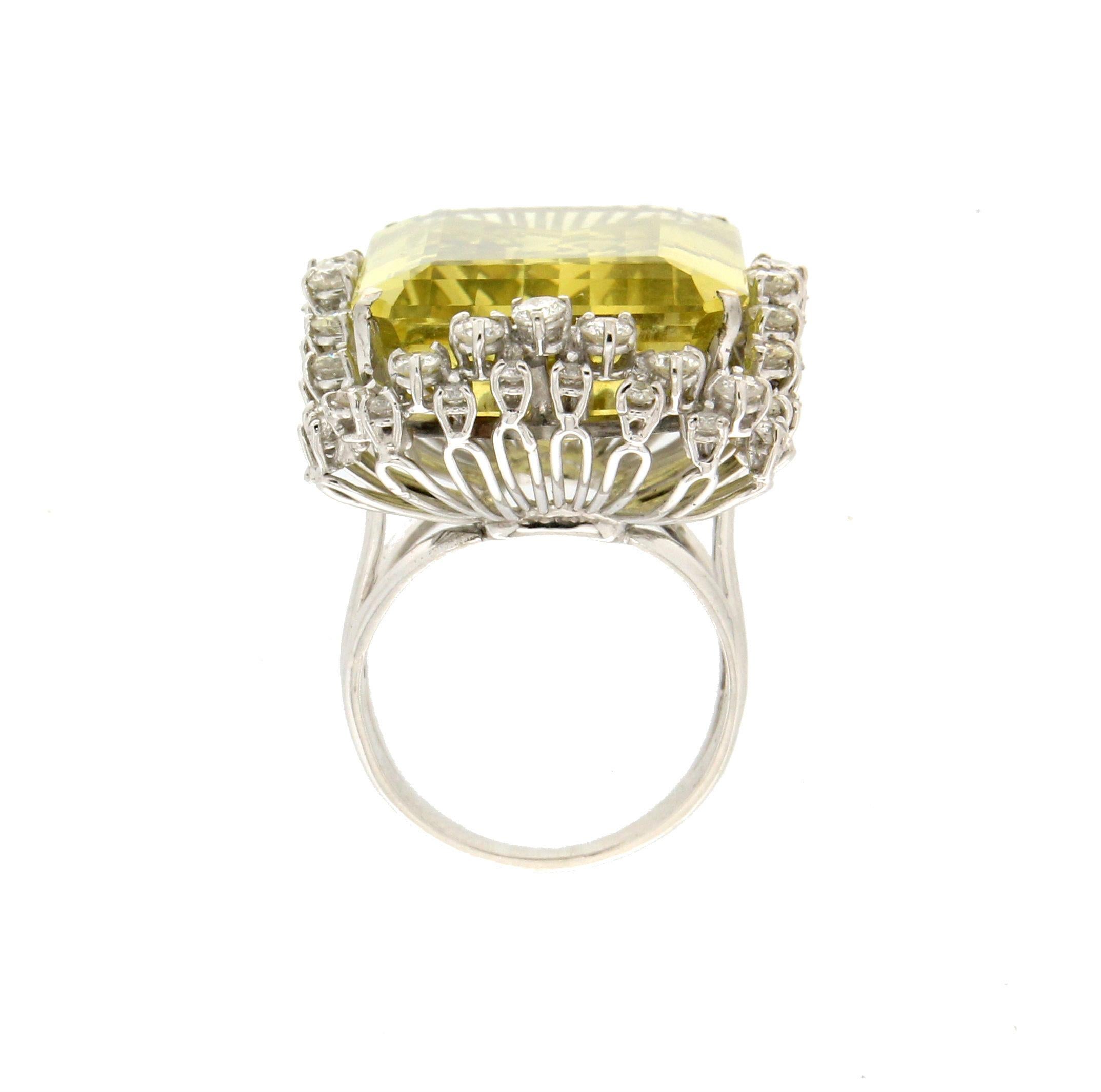 Women's or Men's Handcraft Lemon Quartz 18 Karat White Gold Diamonds Cocktail Ring
