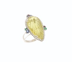 Handcraft Lemon Quartz 18 Karat White Gold Diamonds Ruby Sapphires Cocktail Ring