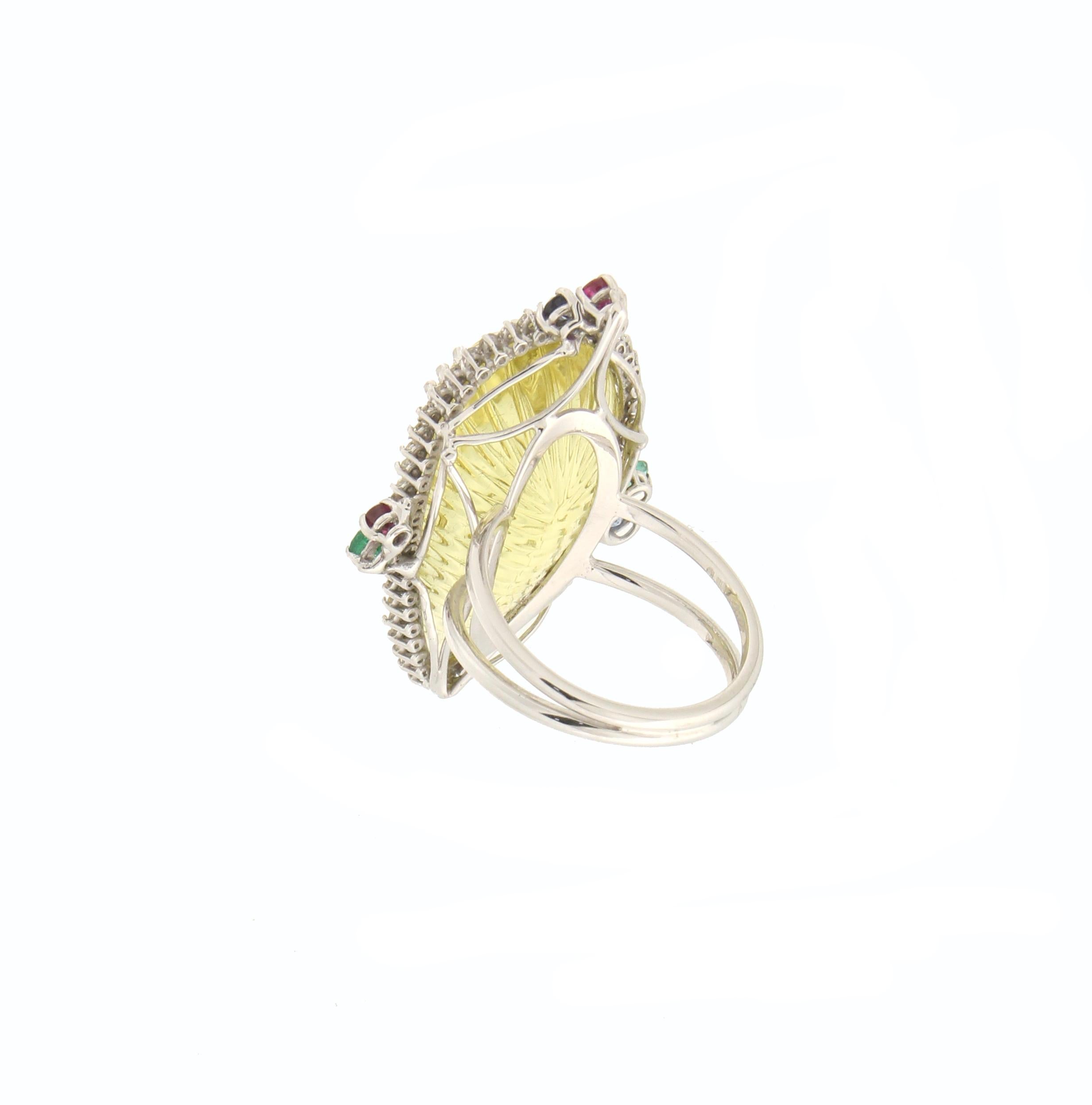 Handcraft Lemon Quartz 18 Karat White Gold Diamonds Ruby Sapphires Cocktail Ring In New Condition For Sale In Marcianise, IT