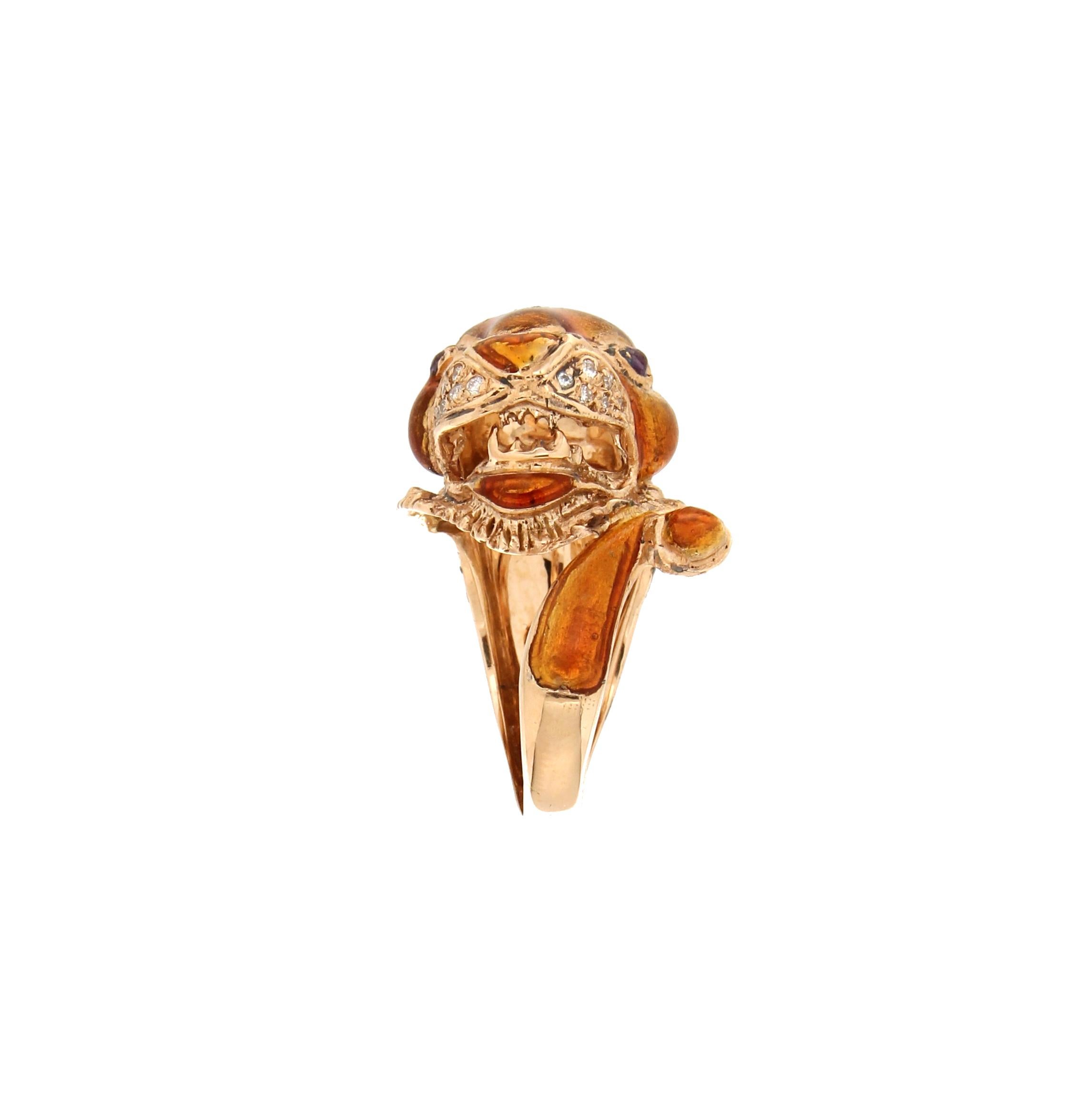 Brilliant Cut Handcraft Lion 14 Karat Yellow Gold Ring Diamonds Enamel For Sale