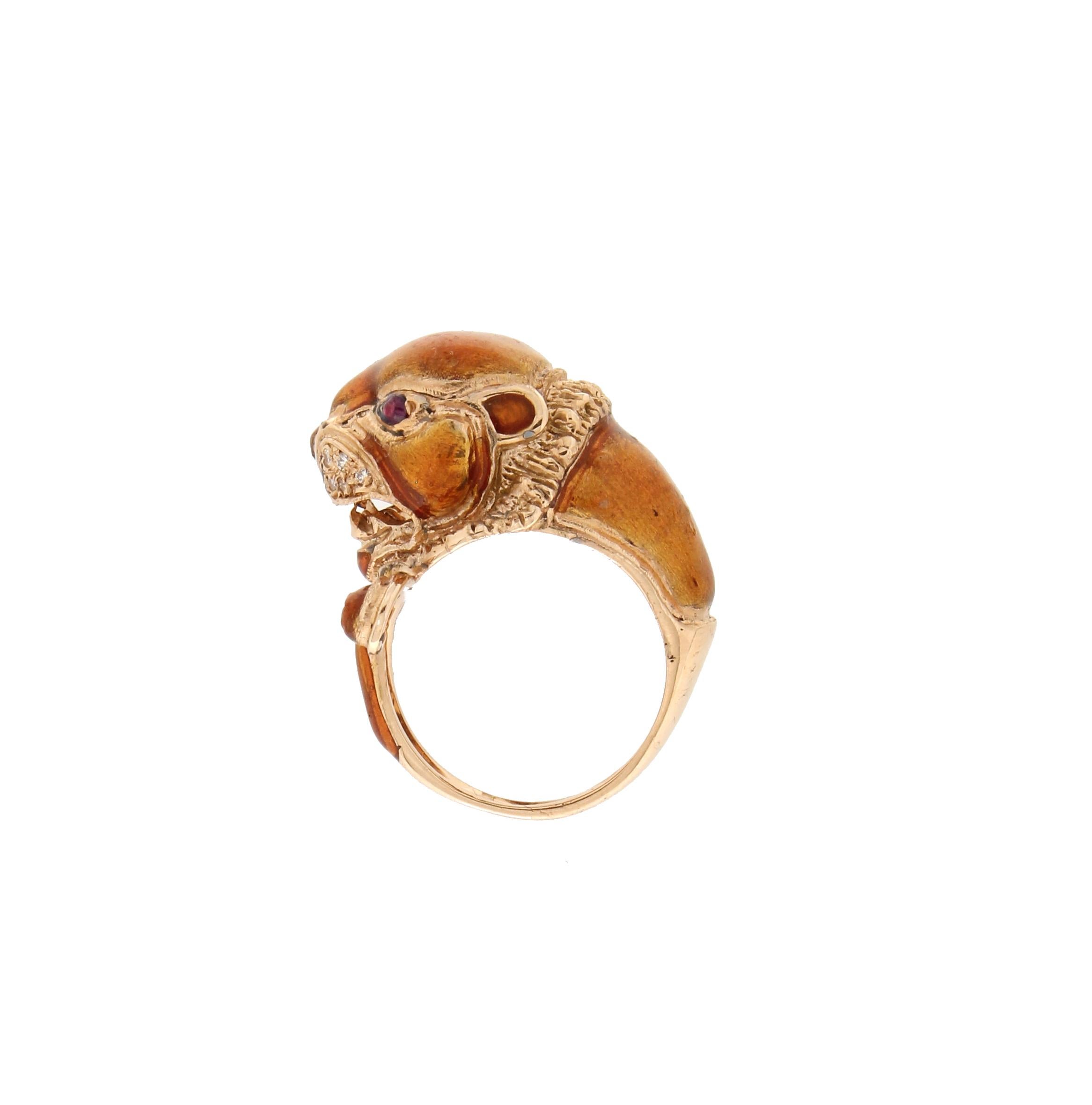 Handcraft Lion 14 Karat Yellow Gold Ring Diamonds Enamel In New Condition For Sale In Marcianise, IT