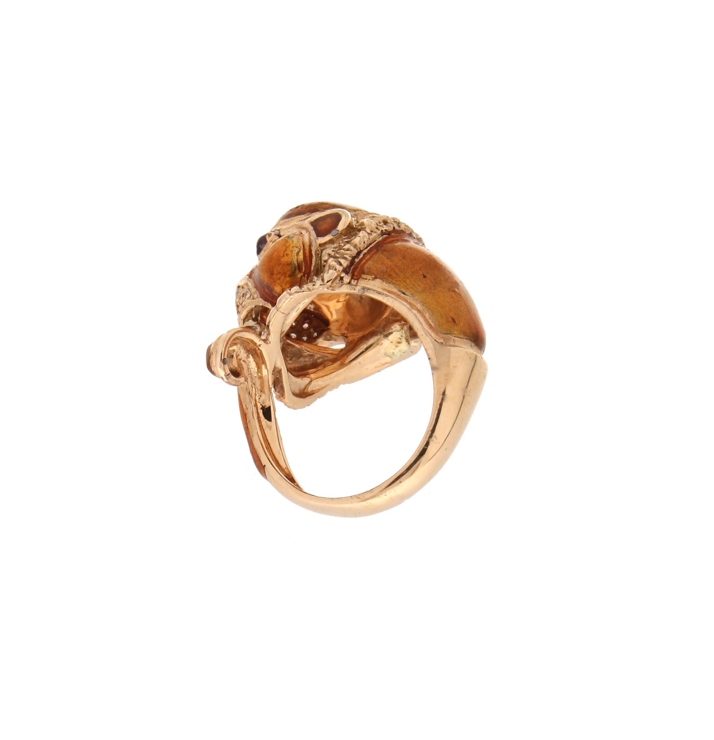 Handcraft Lion 14 Karat Yellow Gold Ring Diamonds Enamel For Sale 1