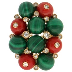 Handcraft Malachite 14 Karat Yellow Gold Coral Diamonds Cocktail Ring