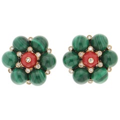 Handcraft Malachite 14 Karat Yellow Gold Diamonds and Coral Clip-On Earrings