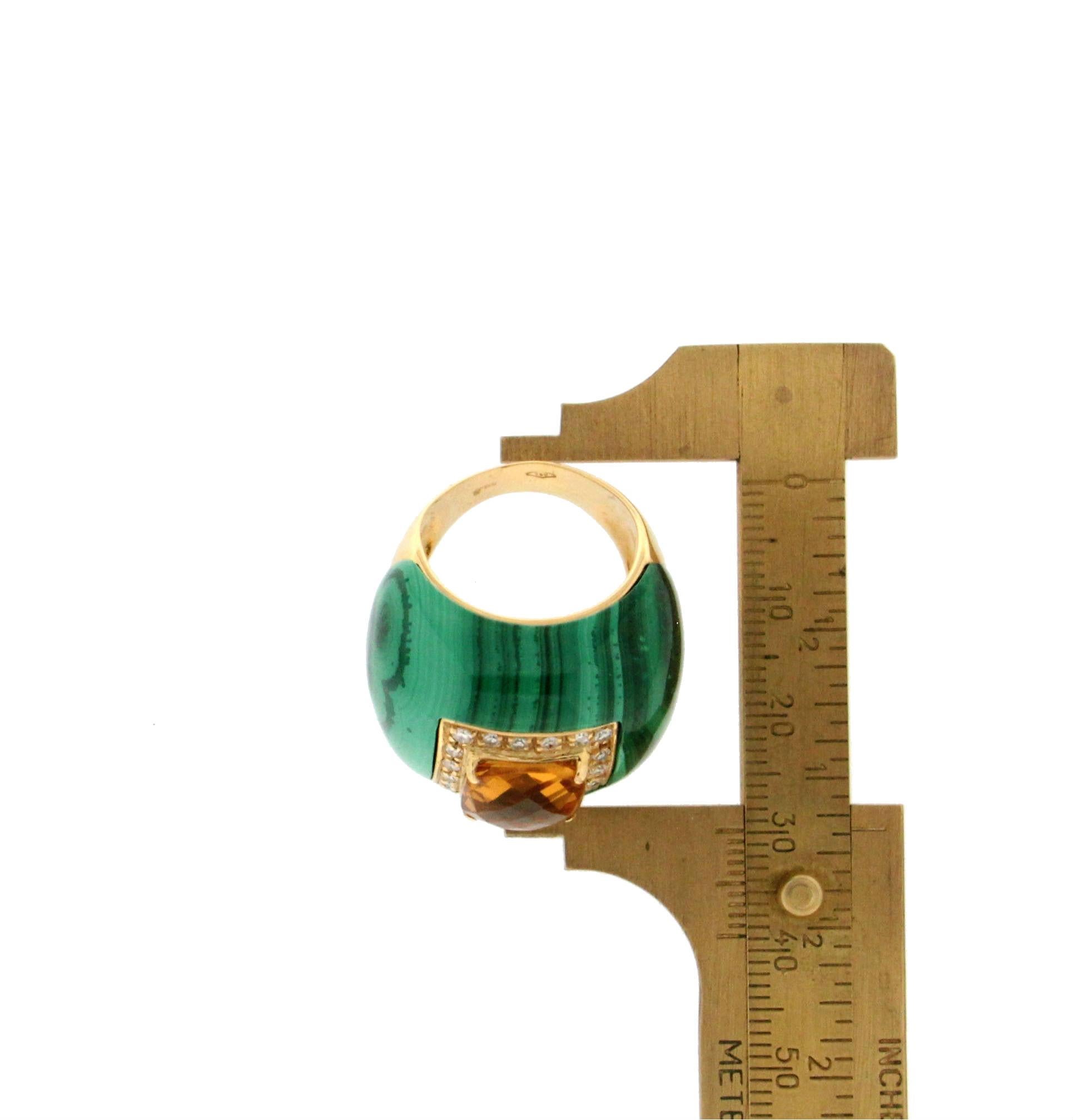 Handcraft Malachite 18 Karat Yellow Gold Diamonds Citrine Cocktail Ring In New Condition For Sale In Marcianise, IT