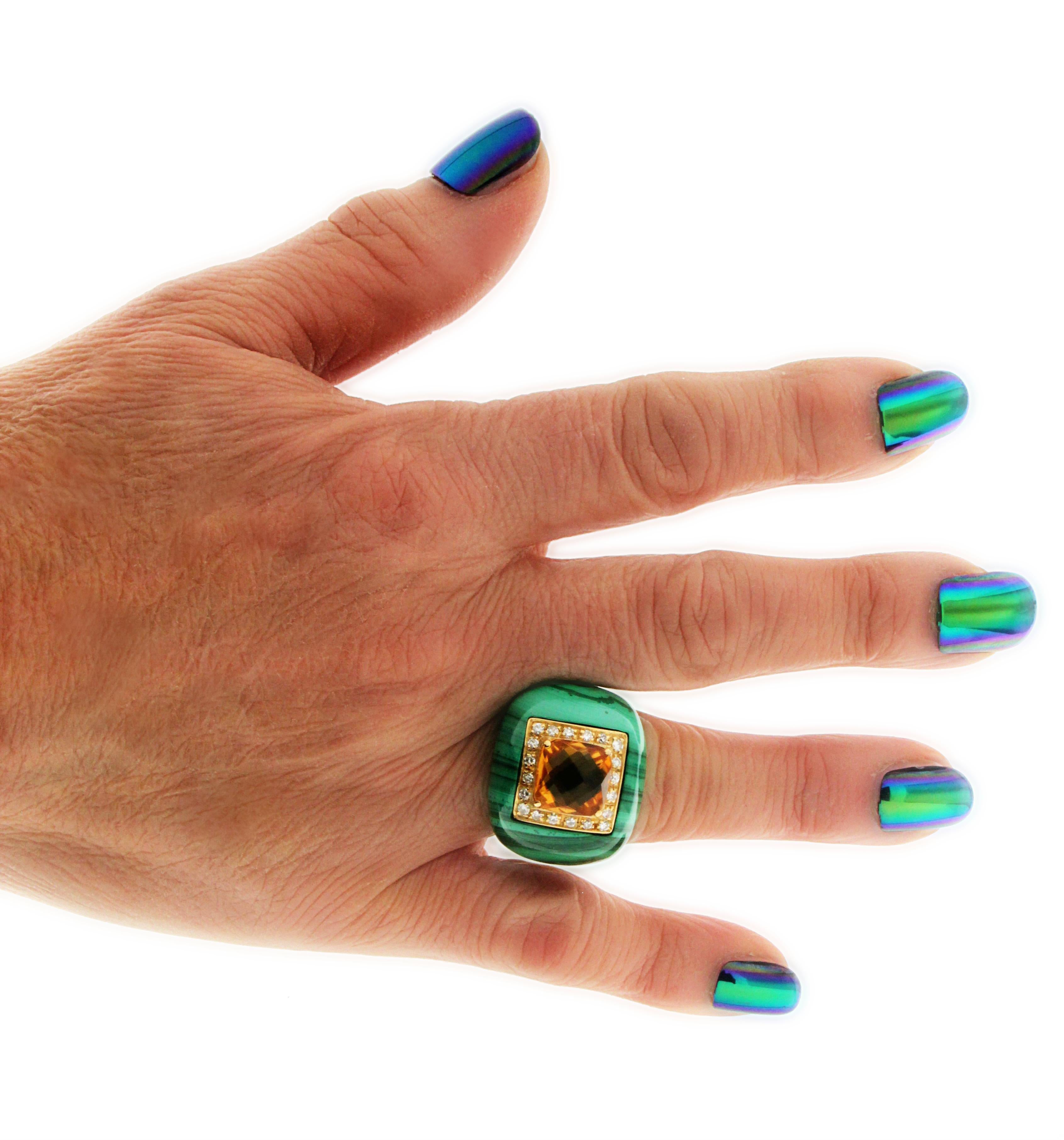 Women's or Men's Handcraft Malachite 18 Karat Yellow Gold Diamonds Citrine Cocktail Ring For Sale