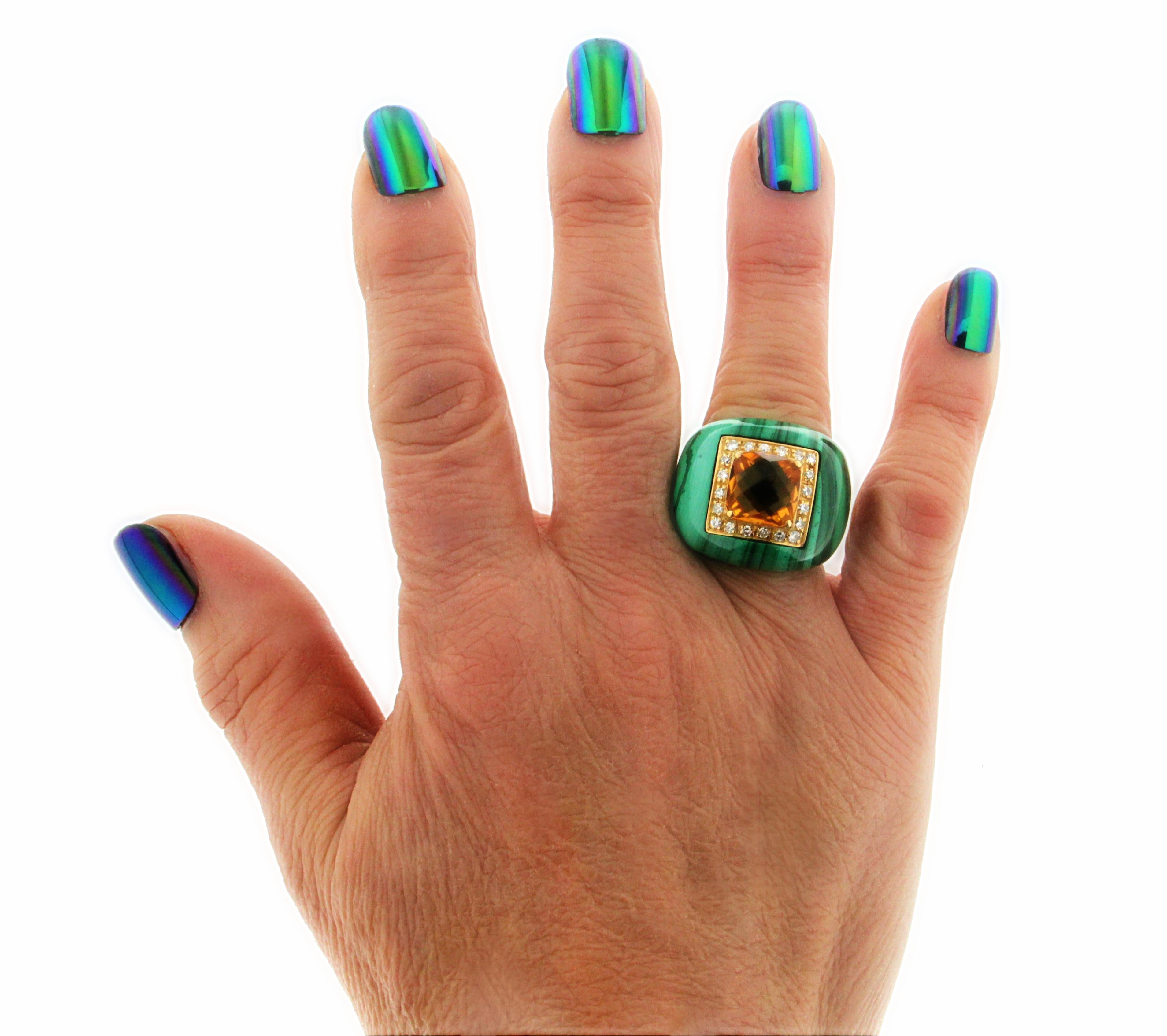 Handcraft Malachite 18 Karat Yellow Gold Diamonds Citrine Cocktail Ring For Sale 1