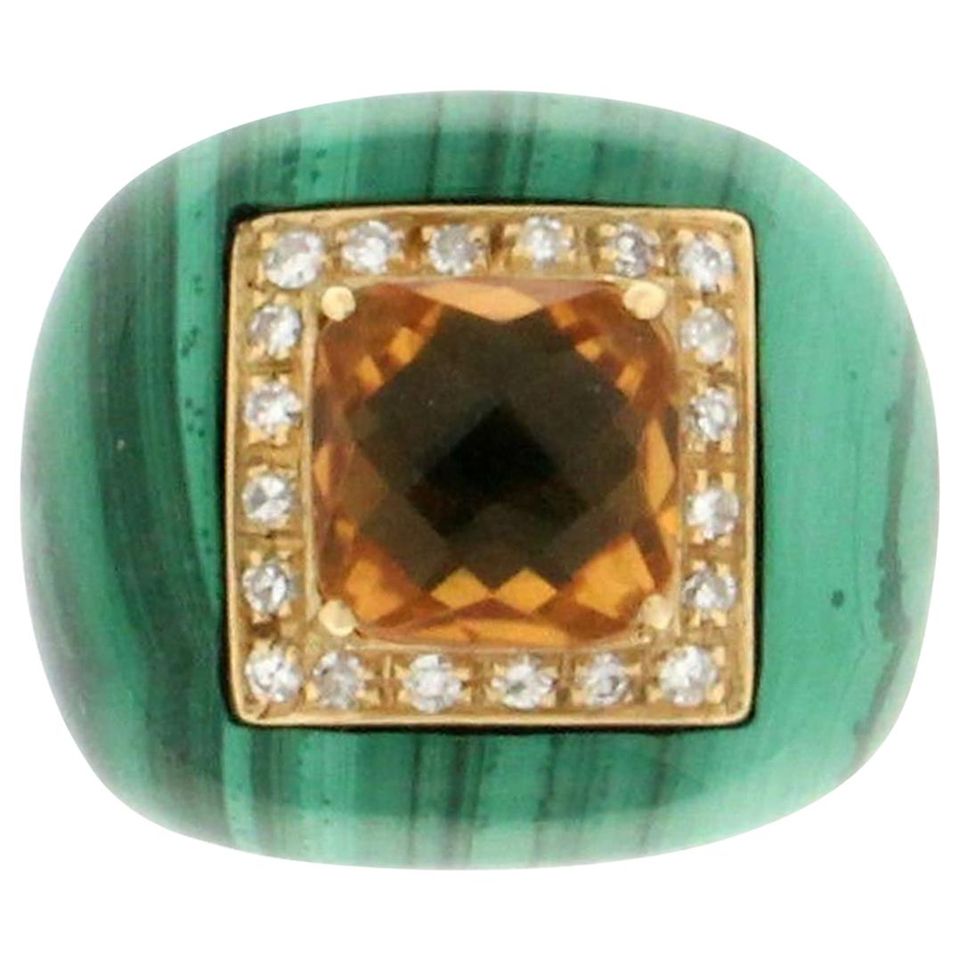 Handcraft Malachite 18 Karat Yellow Gold Diamonds Citrine Cocktail Ring For Sale