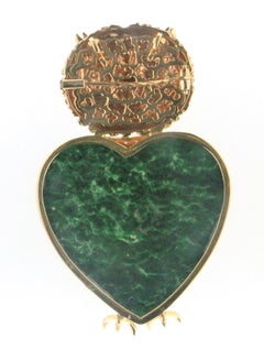 Handcraft Malachite Owl 18 Karat Yellow Gold Diamonds Brooch