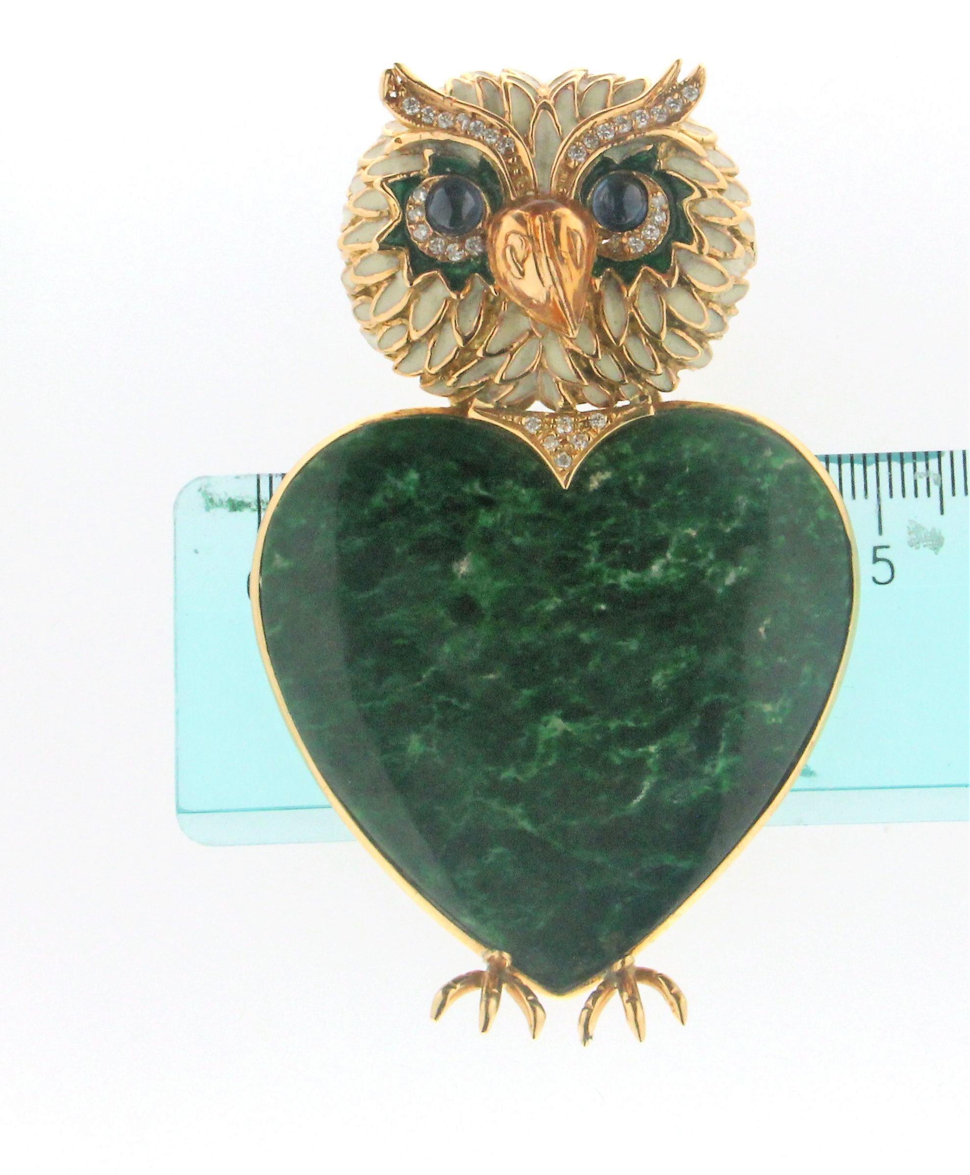 Handcraft Malachite Owl 18 Karat Yellow Gold Diamonds Brooch In New Condition For Sale In Marcianise, IT