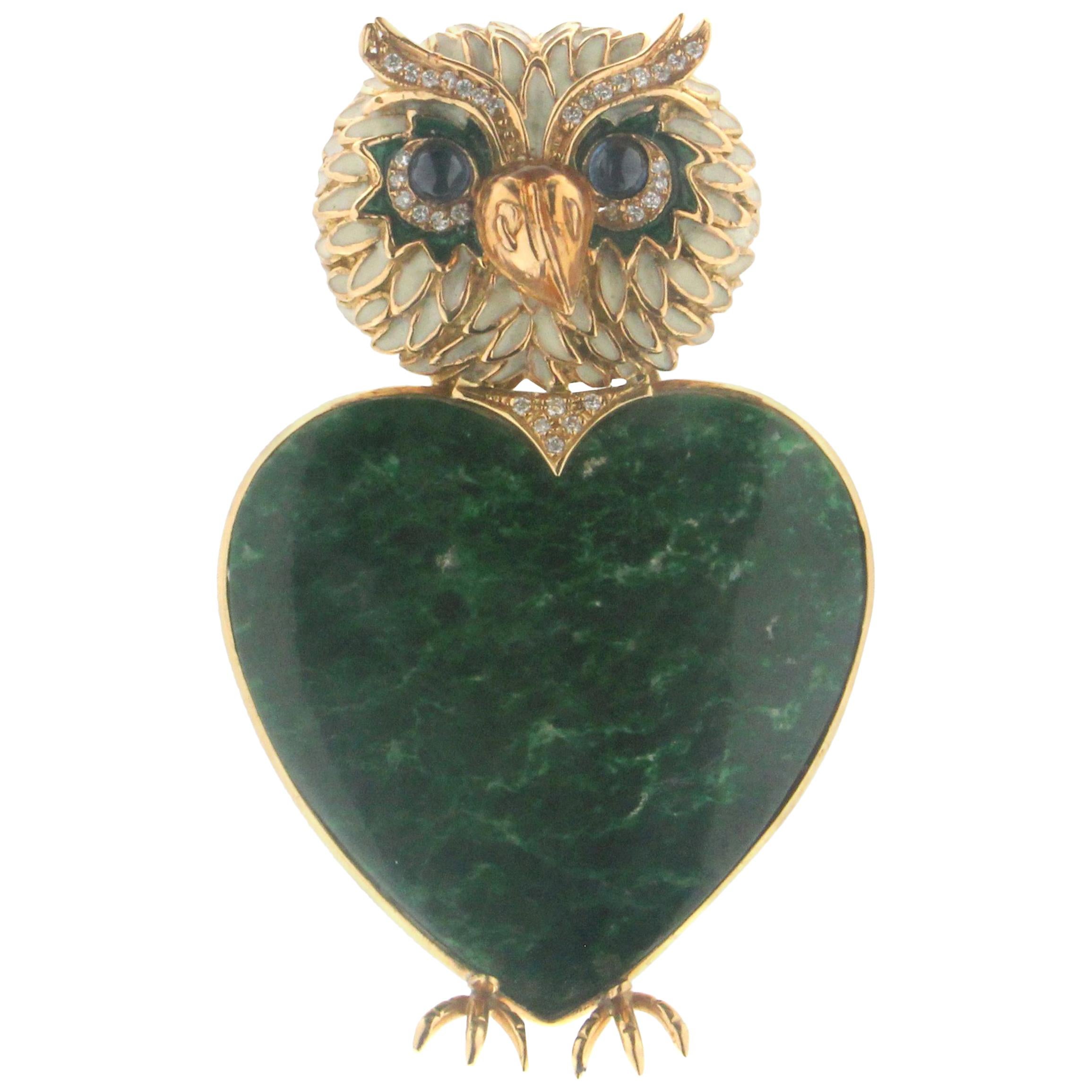 Broche hibou artisanale en or jaune 18 carats avec diamants et malachite