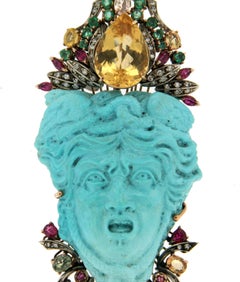 Handcraft Medusa Turquoise 9 Karat Yellow Gold Brooch and Pendant