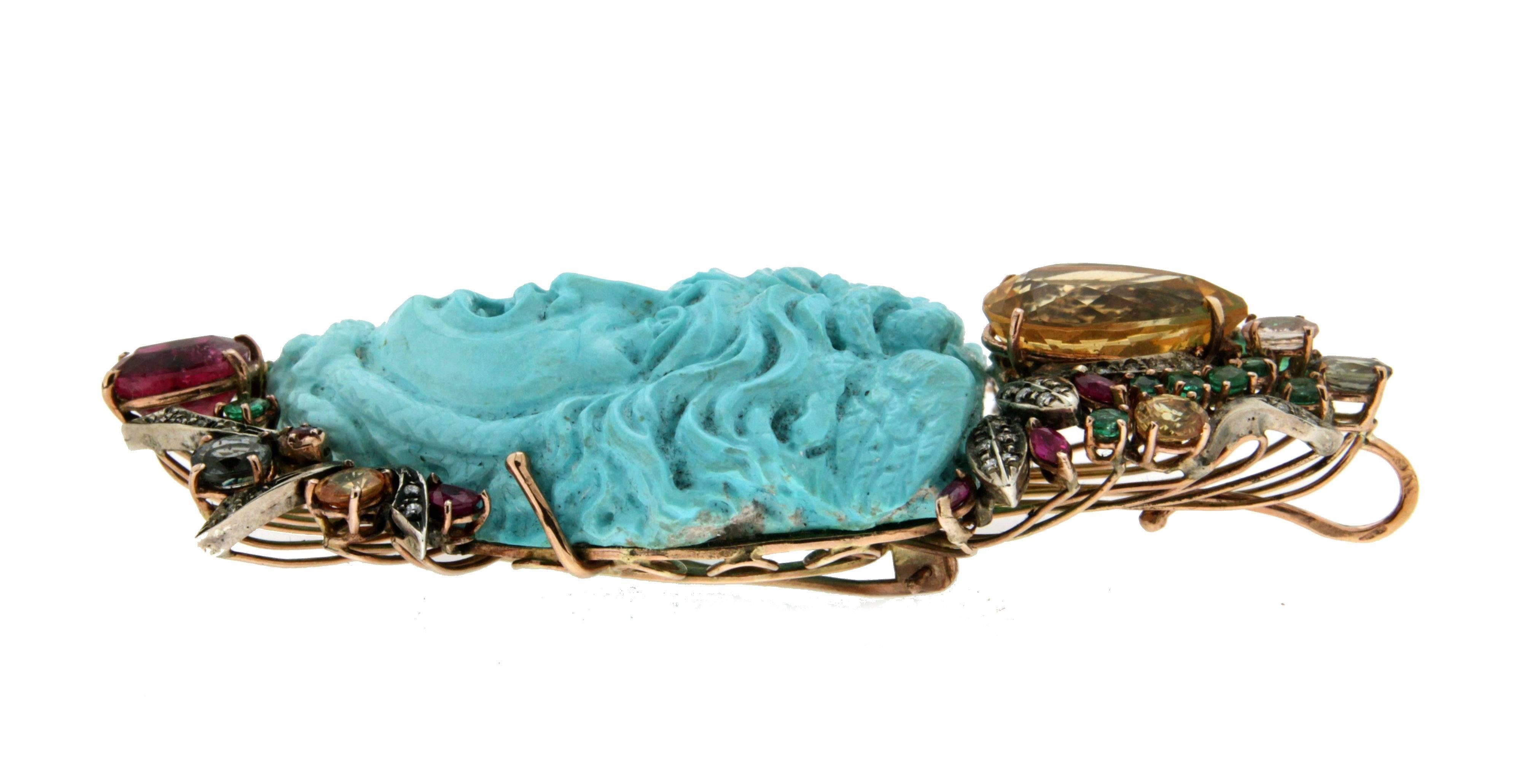 Artisan Handcraft Medusa Turquoise 9 Karat Yellow Gold Brooch and Pendant