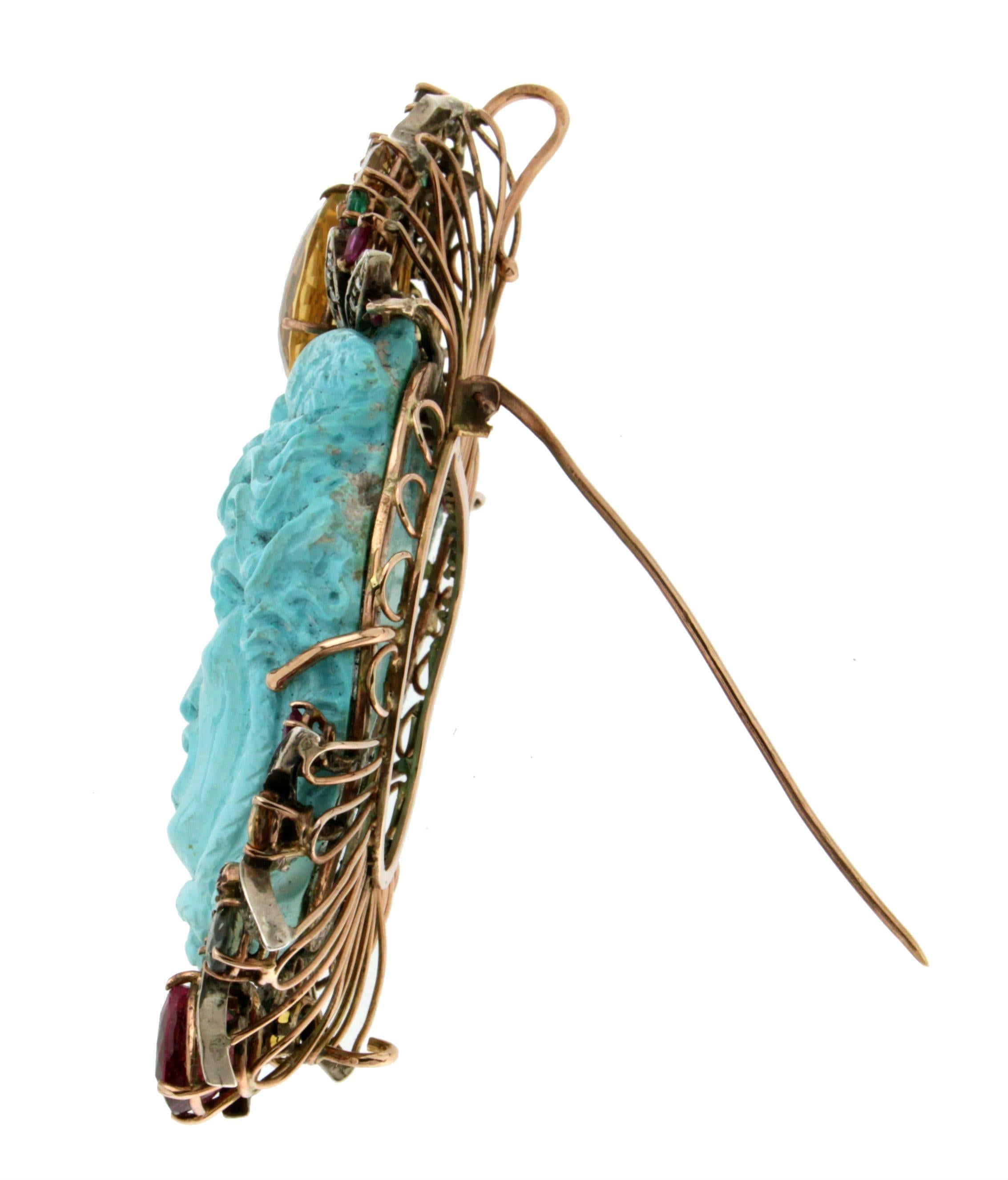 Handcraft Medusa Turquoise 9 Karat Yellow Gold Brooch and Pendant In New Condition In Marcianise, IT