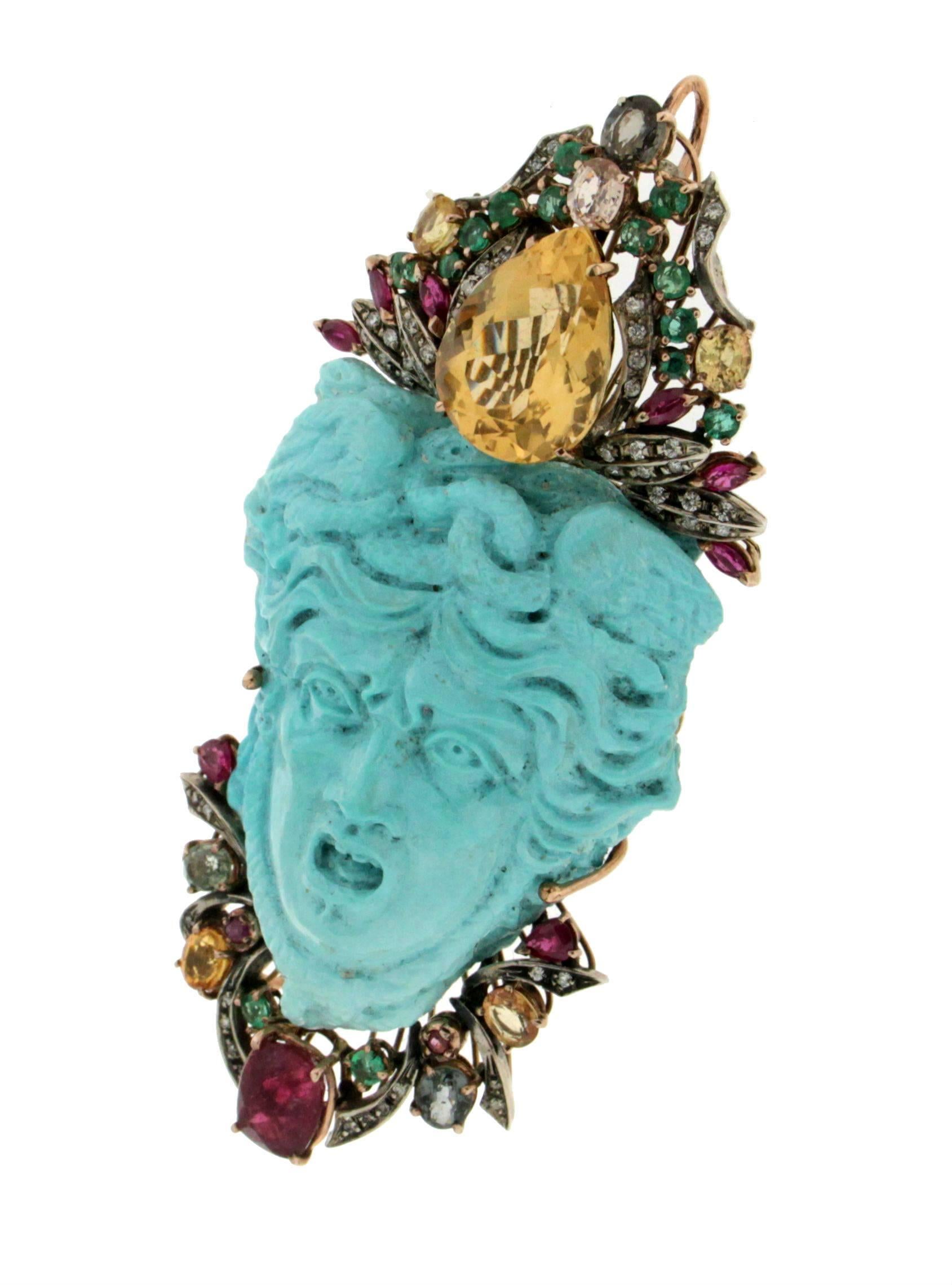 Handcraft Medusa Turquoise 9 Karat Yellow Gold Brooch and Pendant 2