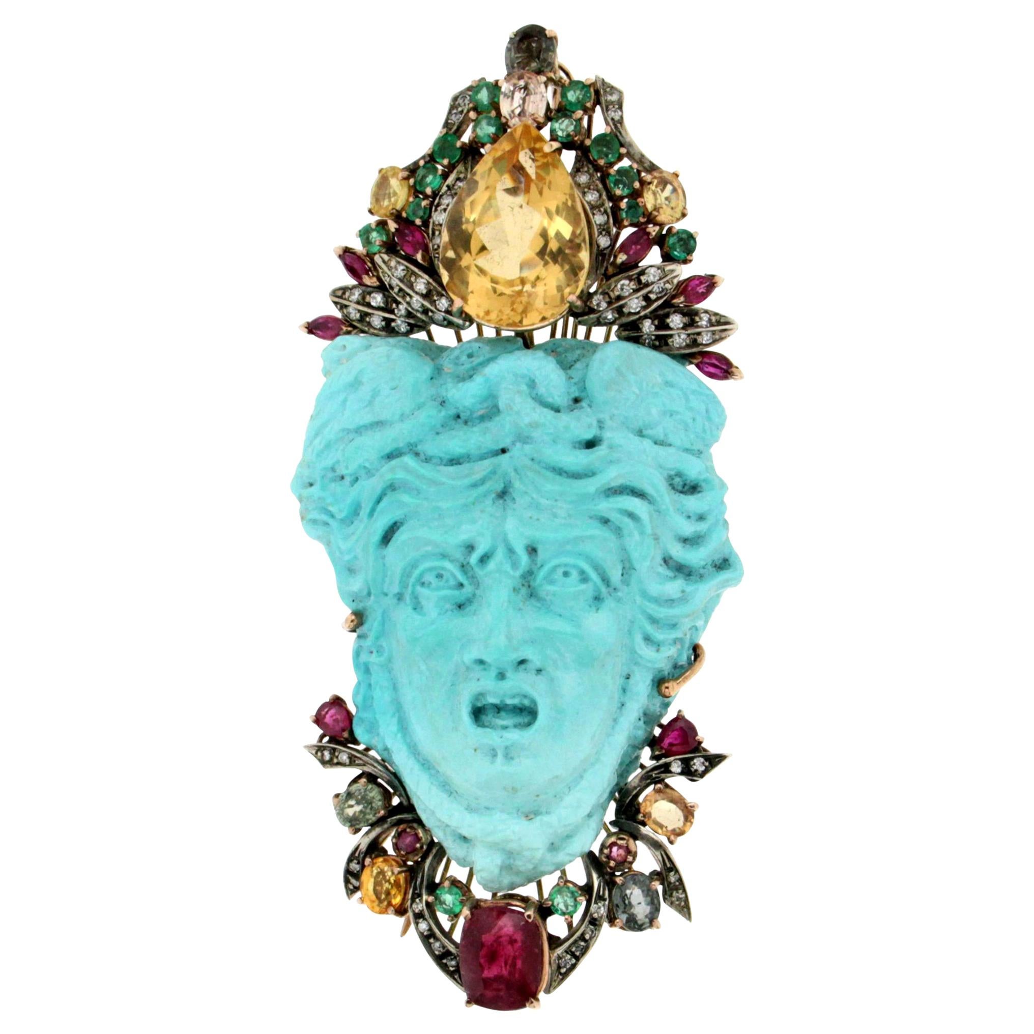 Handcraft Medusa Turquoise 9 Karat Yellow Gold Brooch and Pendant