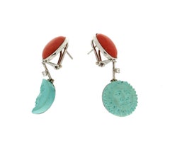 Handcraft Moon and Sun 18 Karat White Gold Coral Turquoise Diamond Drop Earrings