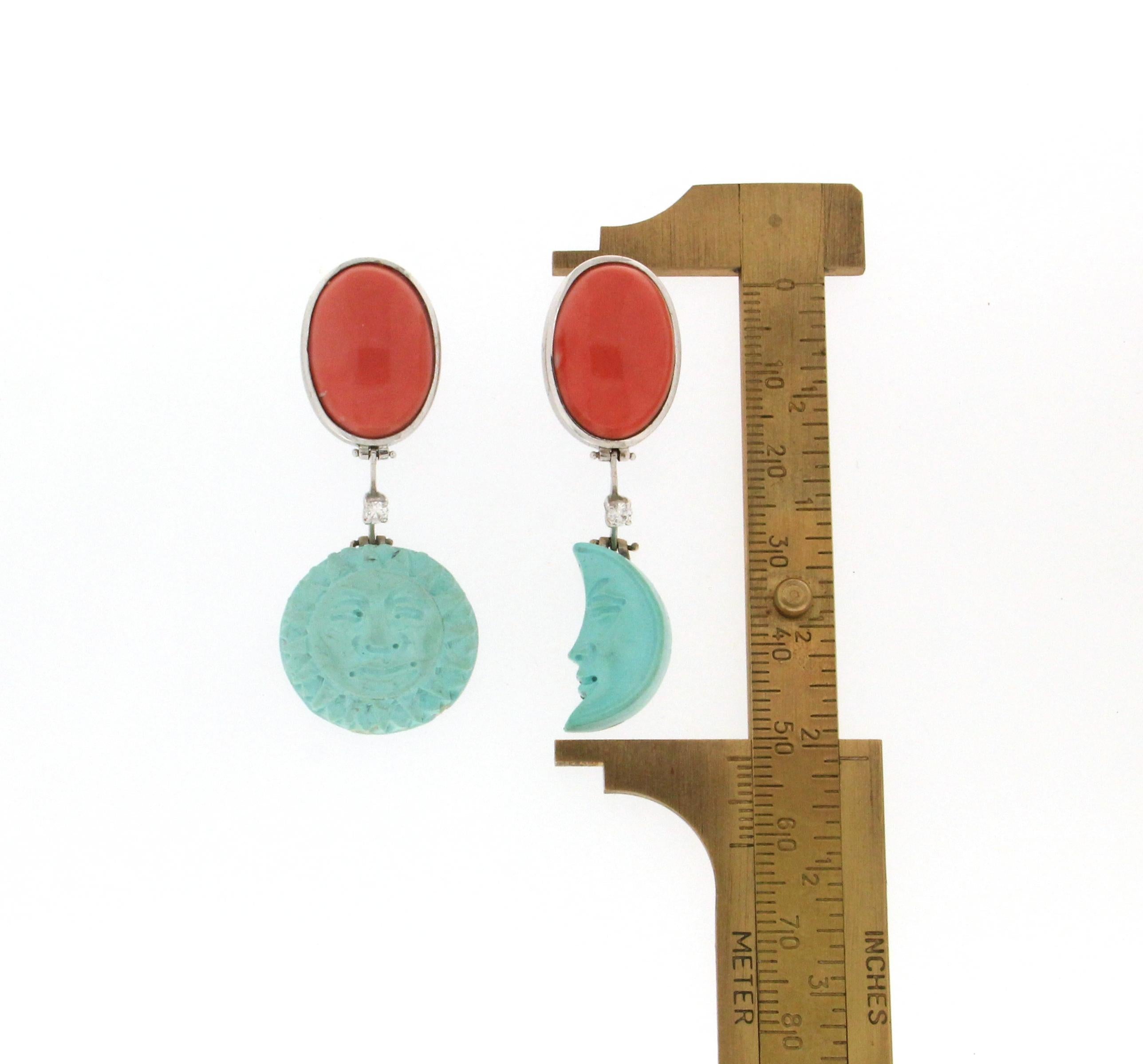 Pendientes Artesanales Luna y Sol de Oro Blanco de 18 Kilates Coral Turquesa Diamante Corte mixto en venta