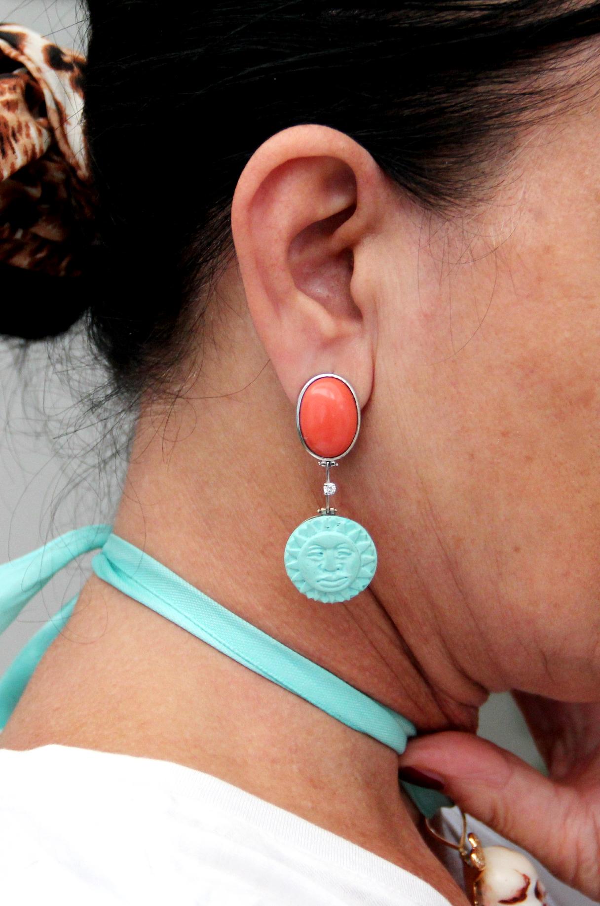 Artisan Handcraft Moon and Sun 18 Karat White Gold Coral Turquoise Diamond Drop Earrings For Sale