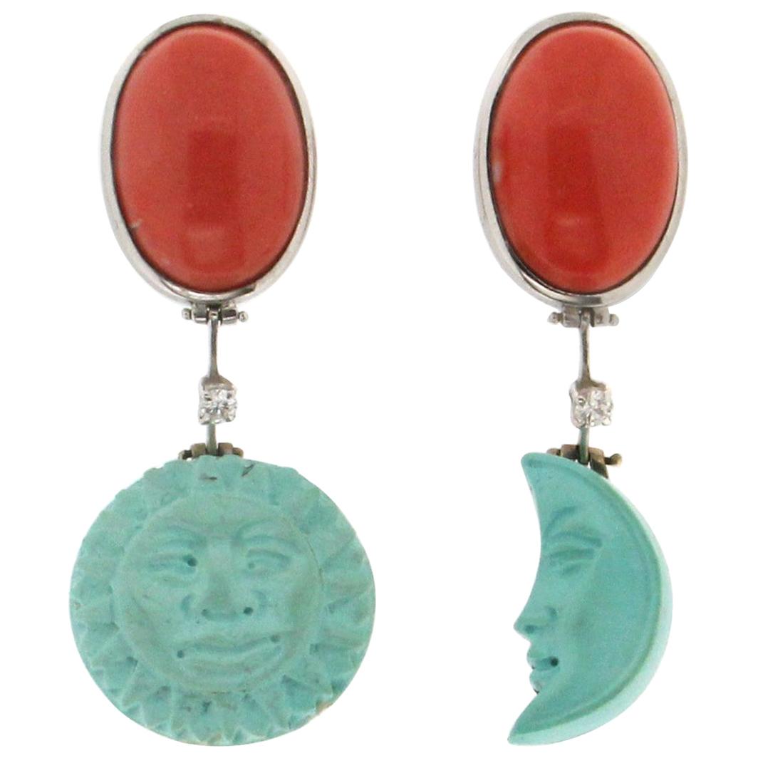 Handcraft Moon and Sun 18 Karat White Gold Coral Turquoise Diamond Drop Earrings For Sale