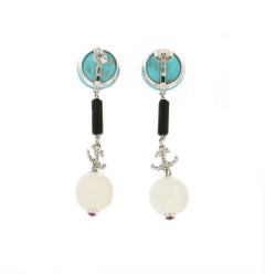 Moonstones Diamond Turquoise Onyx 18K White Gold Grain Setting Drop Earring