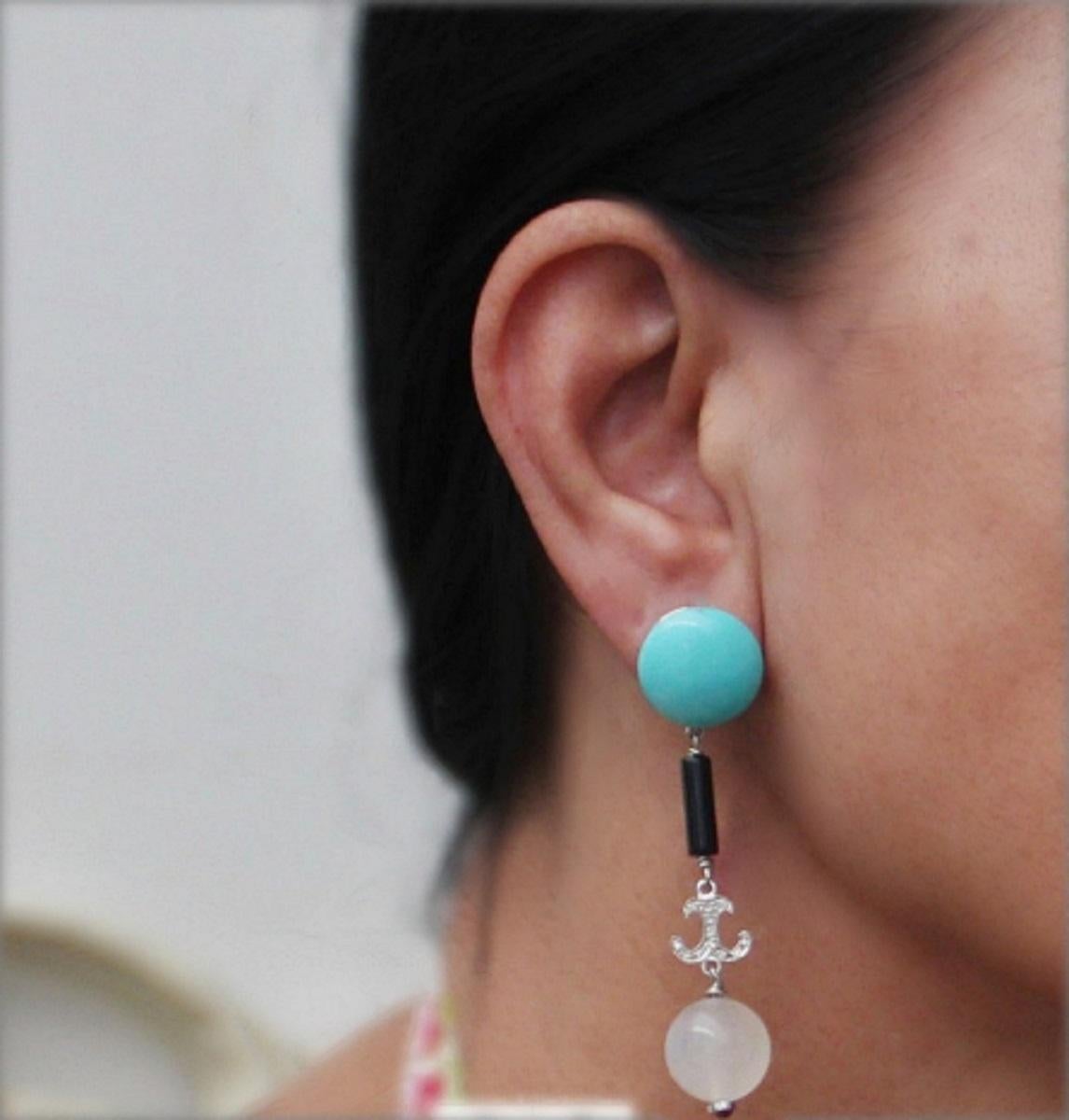 Handcraft Moonstones 18 Karat White Gold Diamonds Turquoise Onyx Drop Earrings In New Condition For Sale In Marcianise, IT