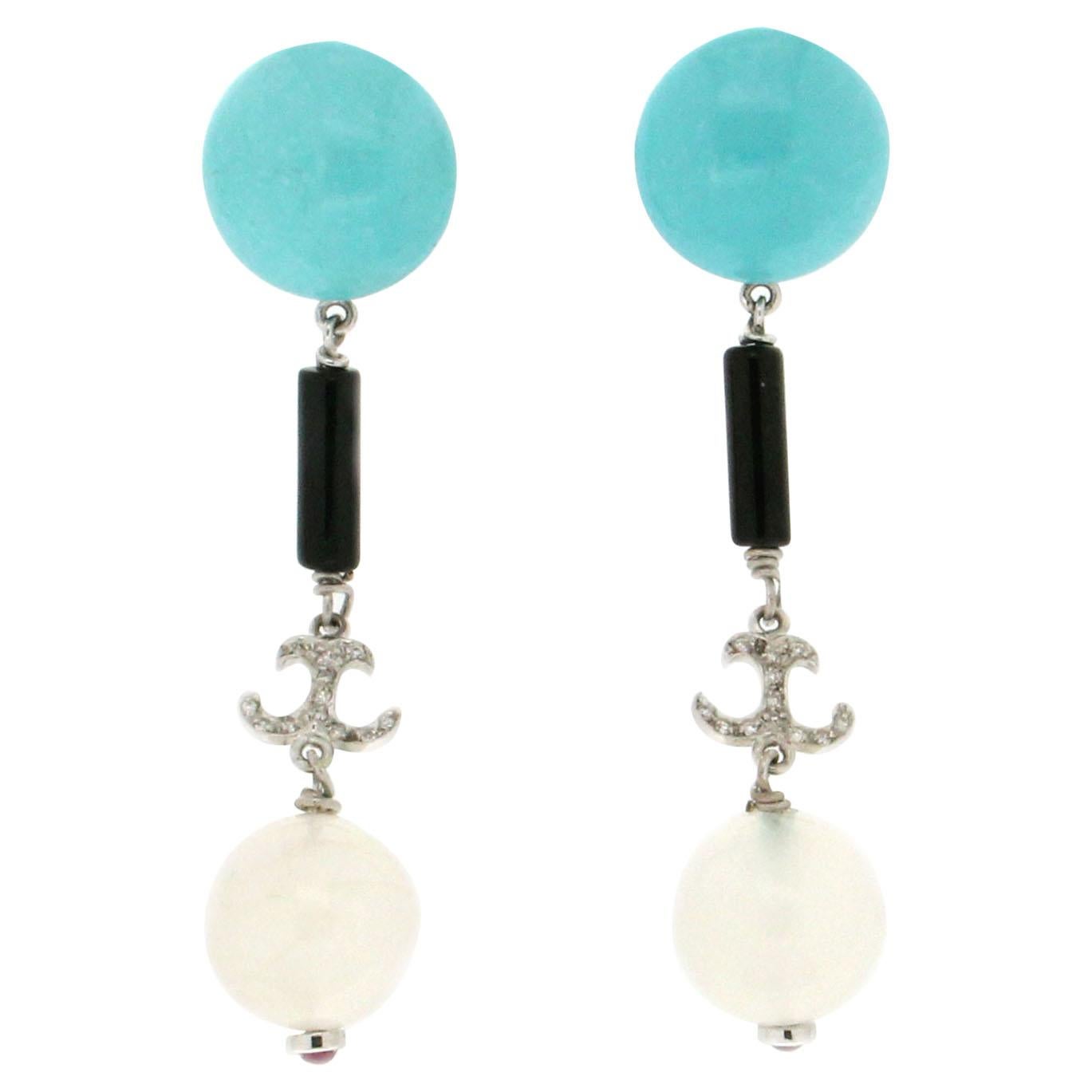 Boucles d'oreilles en goutte artisanales en or blanc 18 carats, diamants, turquoise et onyx, pierres de lune