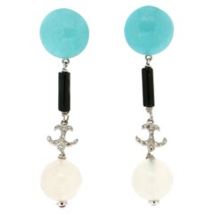 Boucles d'oreilles en goutte artisanales en or blanc 18 carats, diamants, turquoise et onyx, pierres de lune