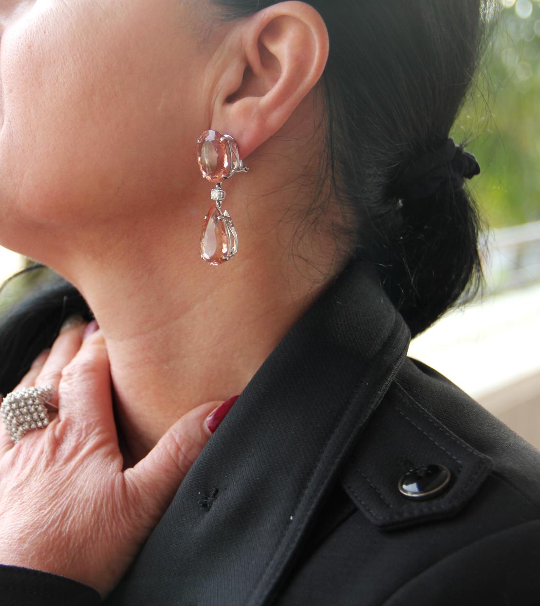 Handcraft Morganite 18 Karat White Gold Diamonds Drop Earrings For Sale 5