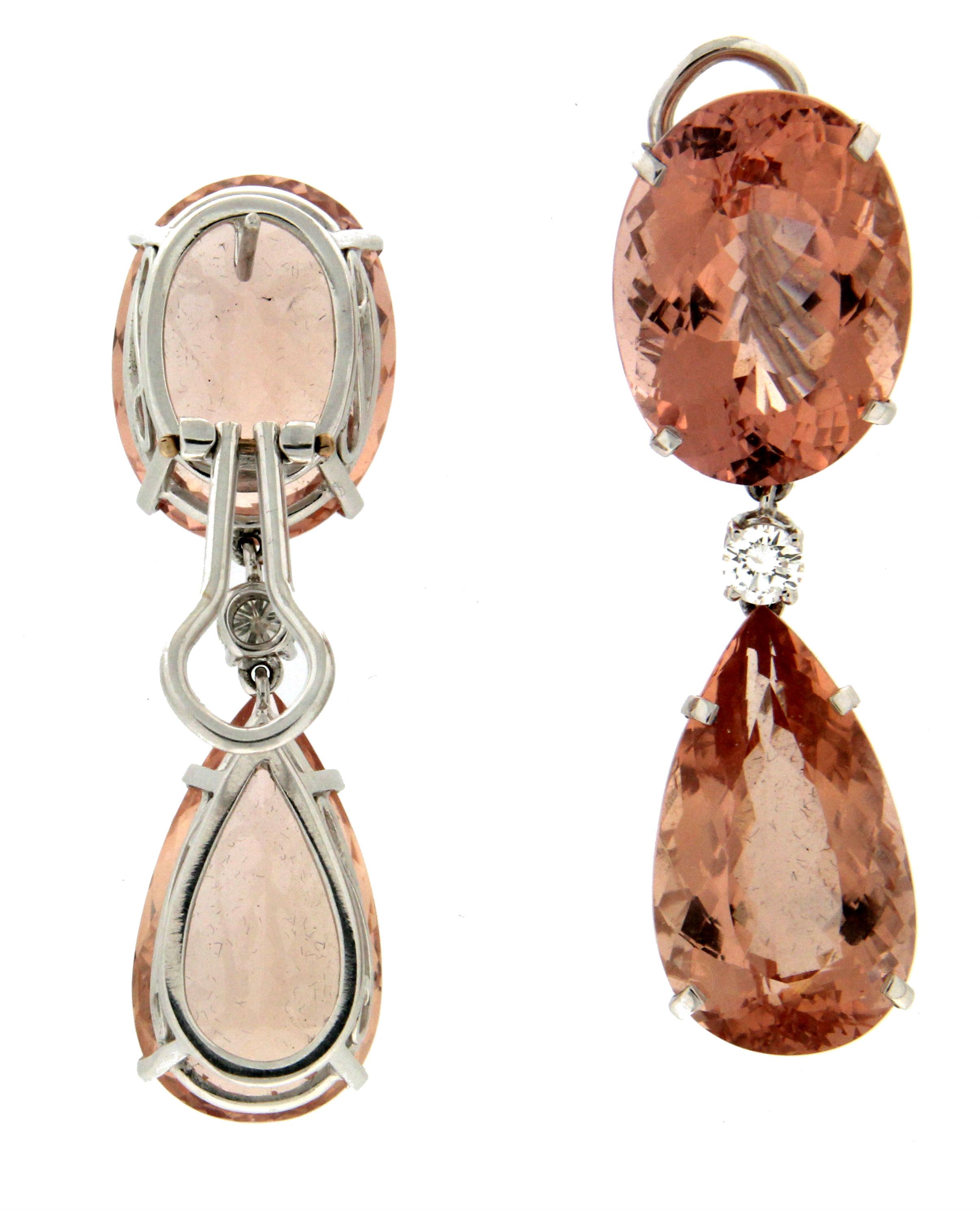 Artisan Handcraft Morganite 18 Karat White Gold Diamonds Drop Earrings For Sale