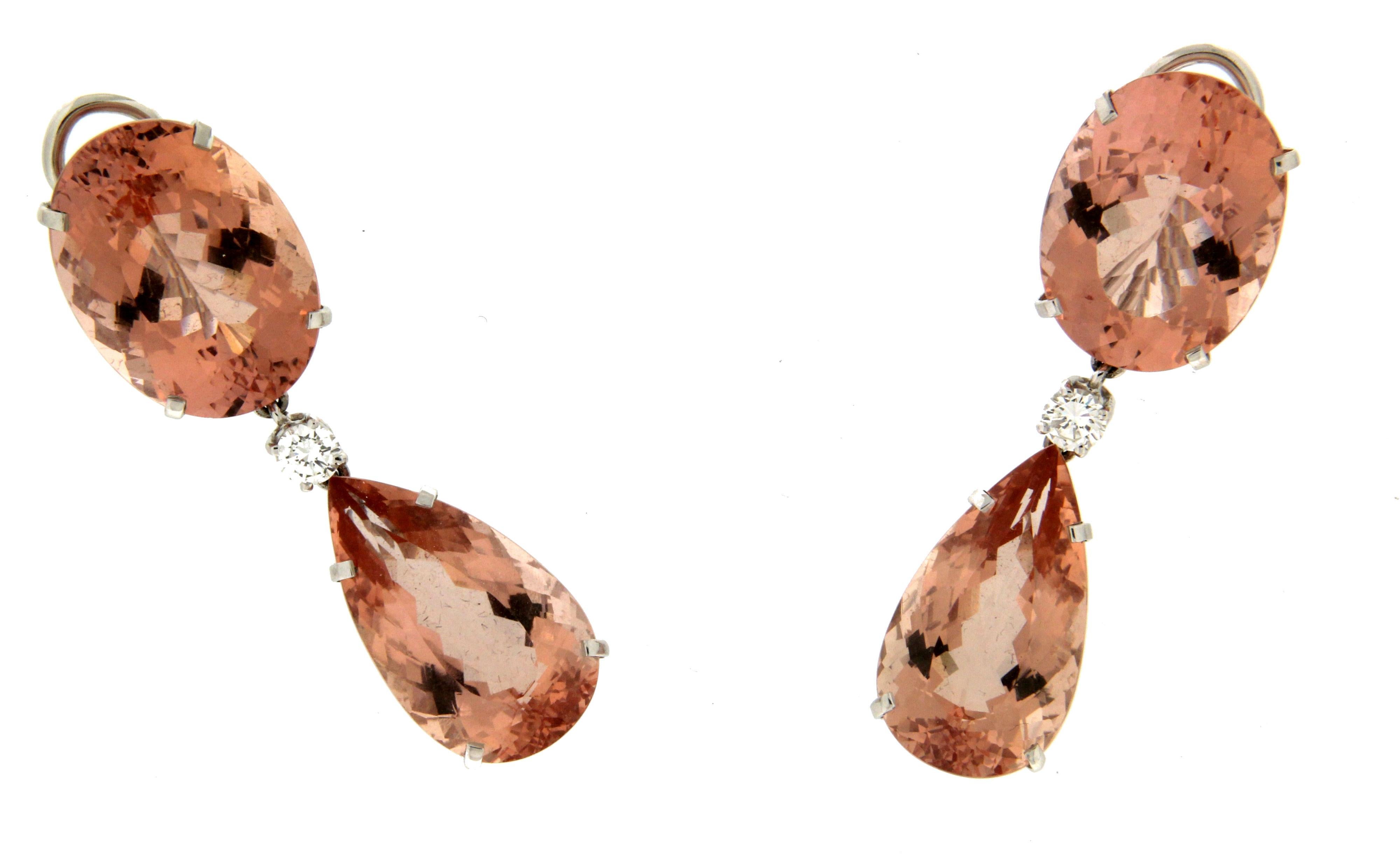 Mixed Cut Handcraft Morganite 18 Karat White Gold Diamonds Drop Earrings For Sale