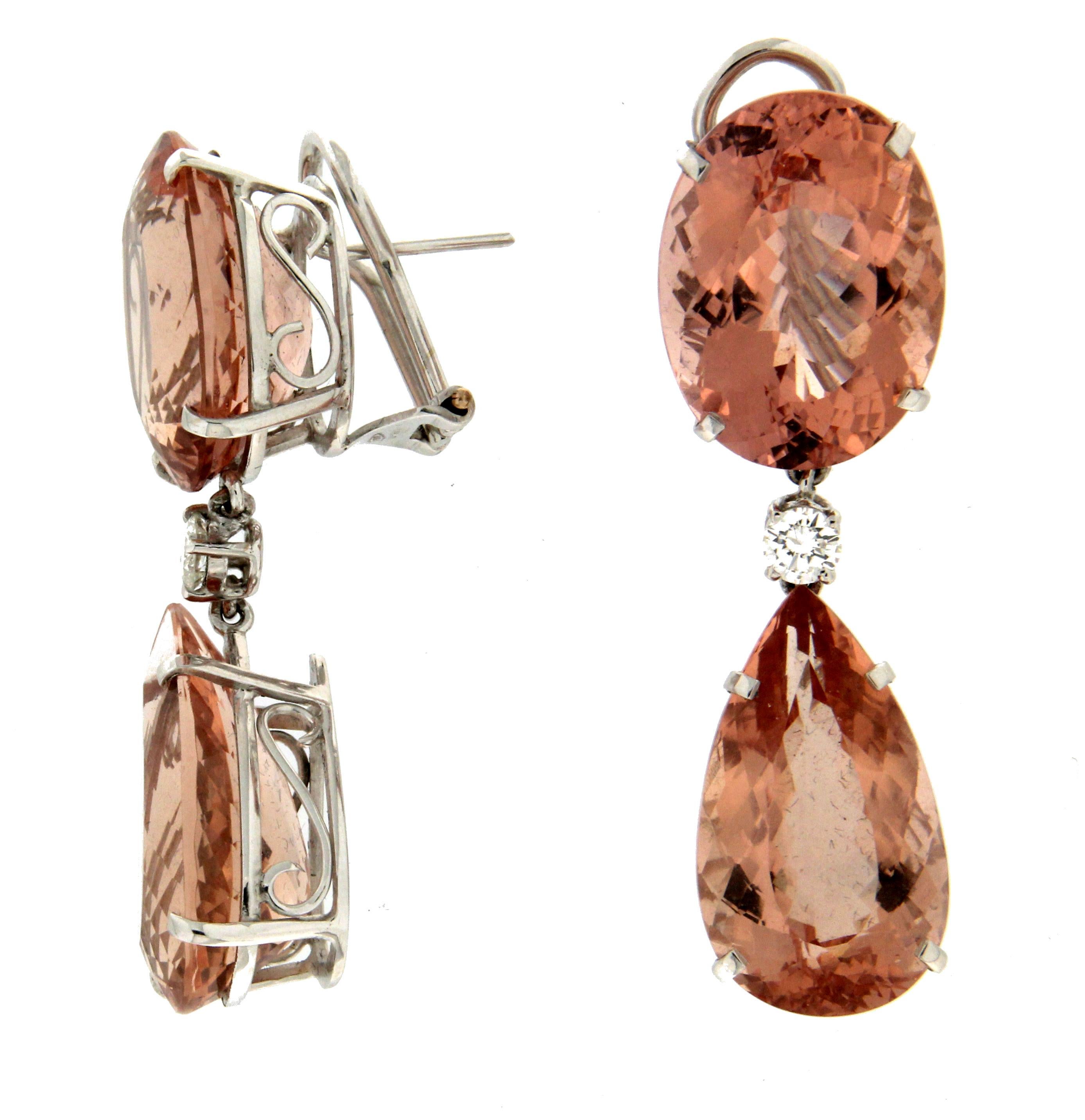 Handcraft Morganite 18 Karat White Gold Diamonds Drop Earrings In New Condition For Sale In Marcianise, IT
