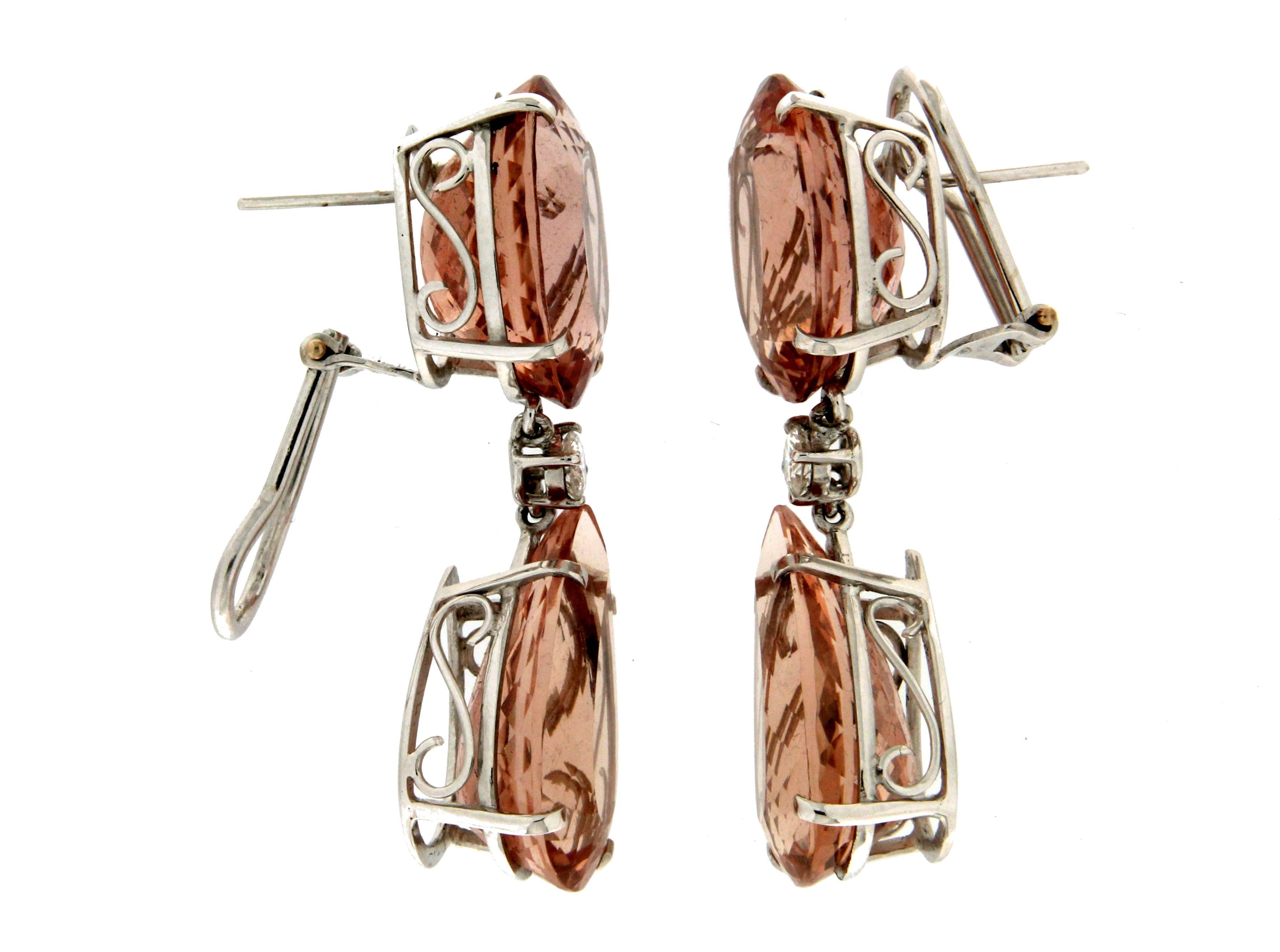 Women's or Men's Handcraft Morganite 18 Karat White Gold Diamonds Drop Earrings For Sale