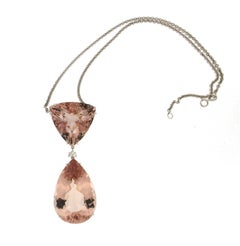 Contemporary Majestic Trillion Pear-Shape Morganite & Diamond Necklace 18K Gold