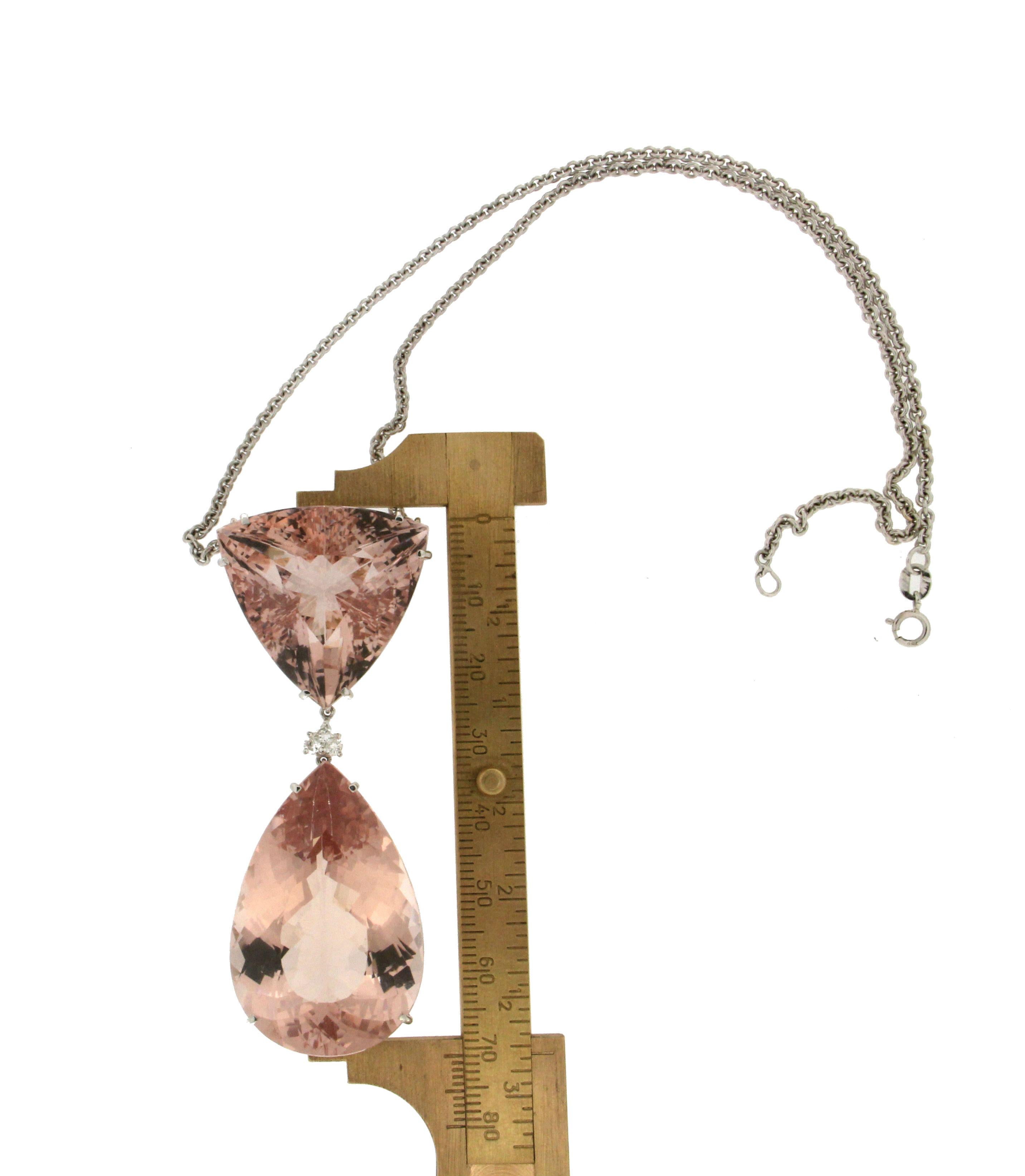 Handcraft Morganite 18 Karat White Gold Diamonds Pendant Necklace In New Condition For Sale In Marcianise, IT