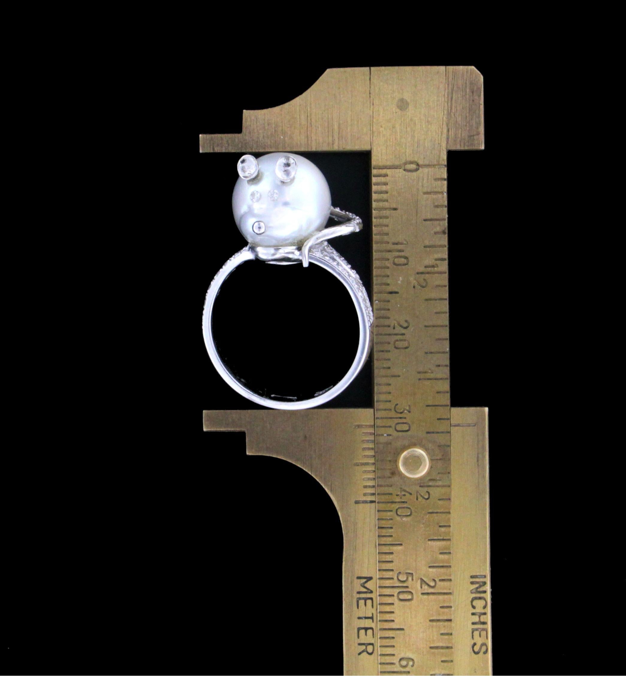 Artisan Handcraft Mouse Face 18 Karat White Gold Australian Pearl Diamonds Cocktail Ring For Sale