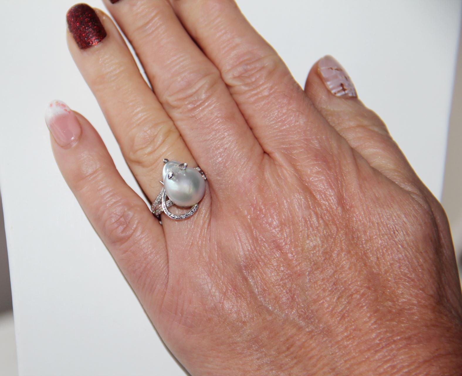 Women's or Men's Handcraft Mouse Face 18 Karat White Gold Australian Pearl Diamonds Cocktail Ring For Sale