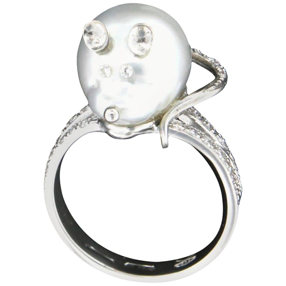 Handcraft Mouse Face 18 Karat White Gold Australian Pearl Diamonds Cocktail Ring For Sale