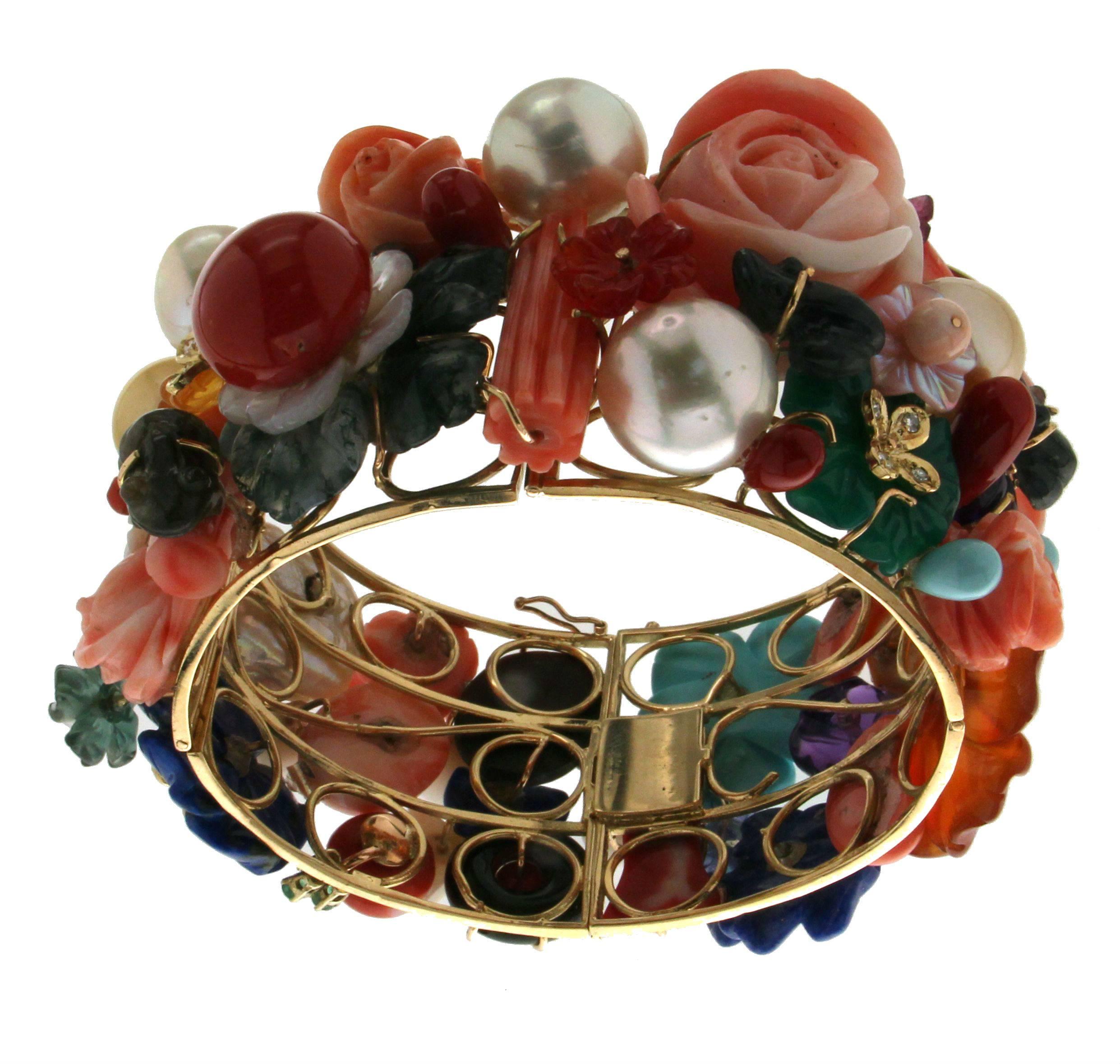 Handcraft Multi-Color 14 Karat Yellow Gold Clamper Bracelet In New Condition For Sale In Marcianise, IT