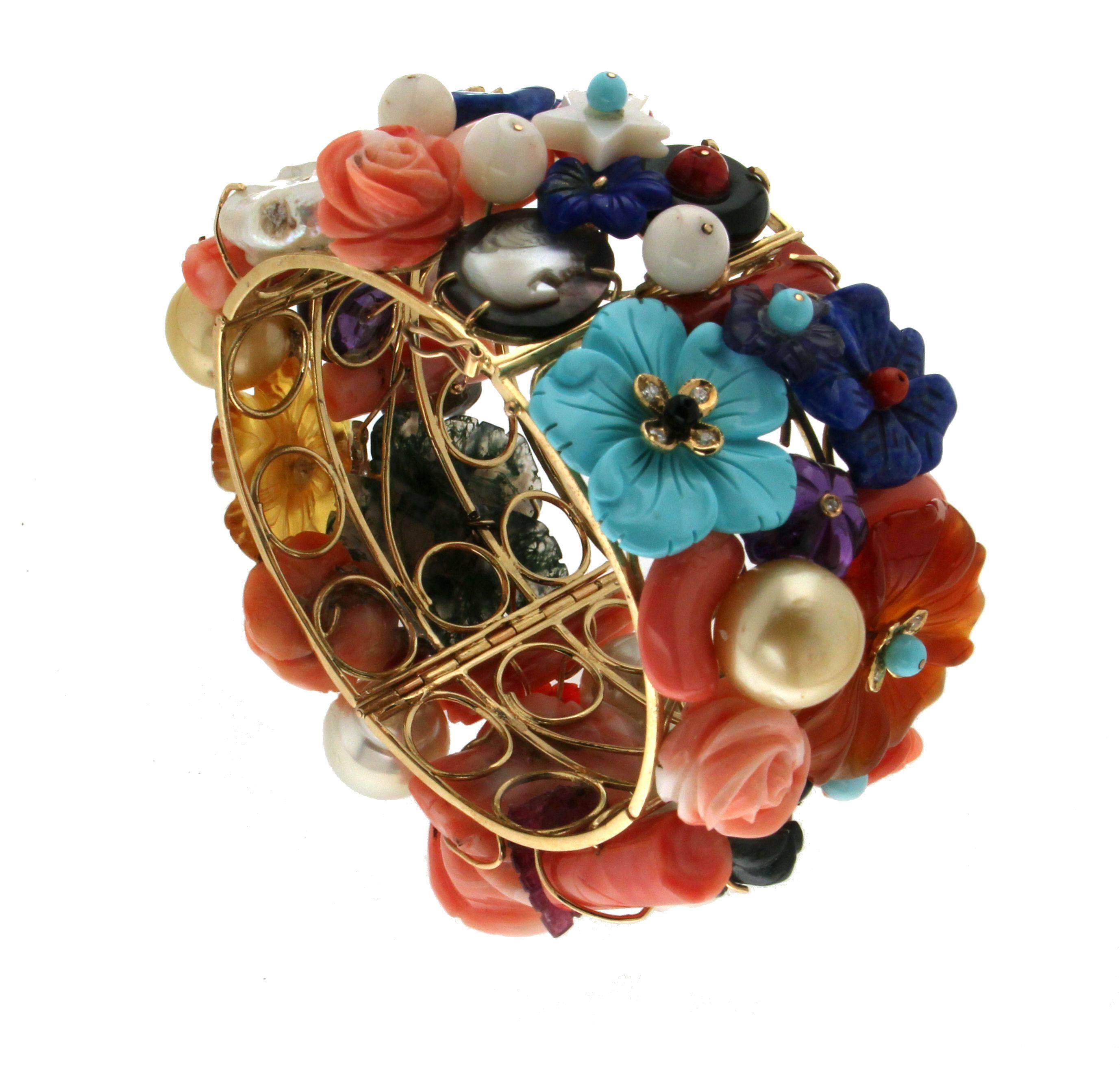 Handcraft Multi-Color 14 Karat Yellow Gold Clamper Bracelet For Sale 4