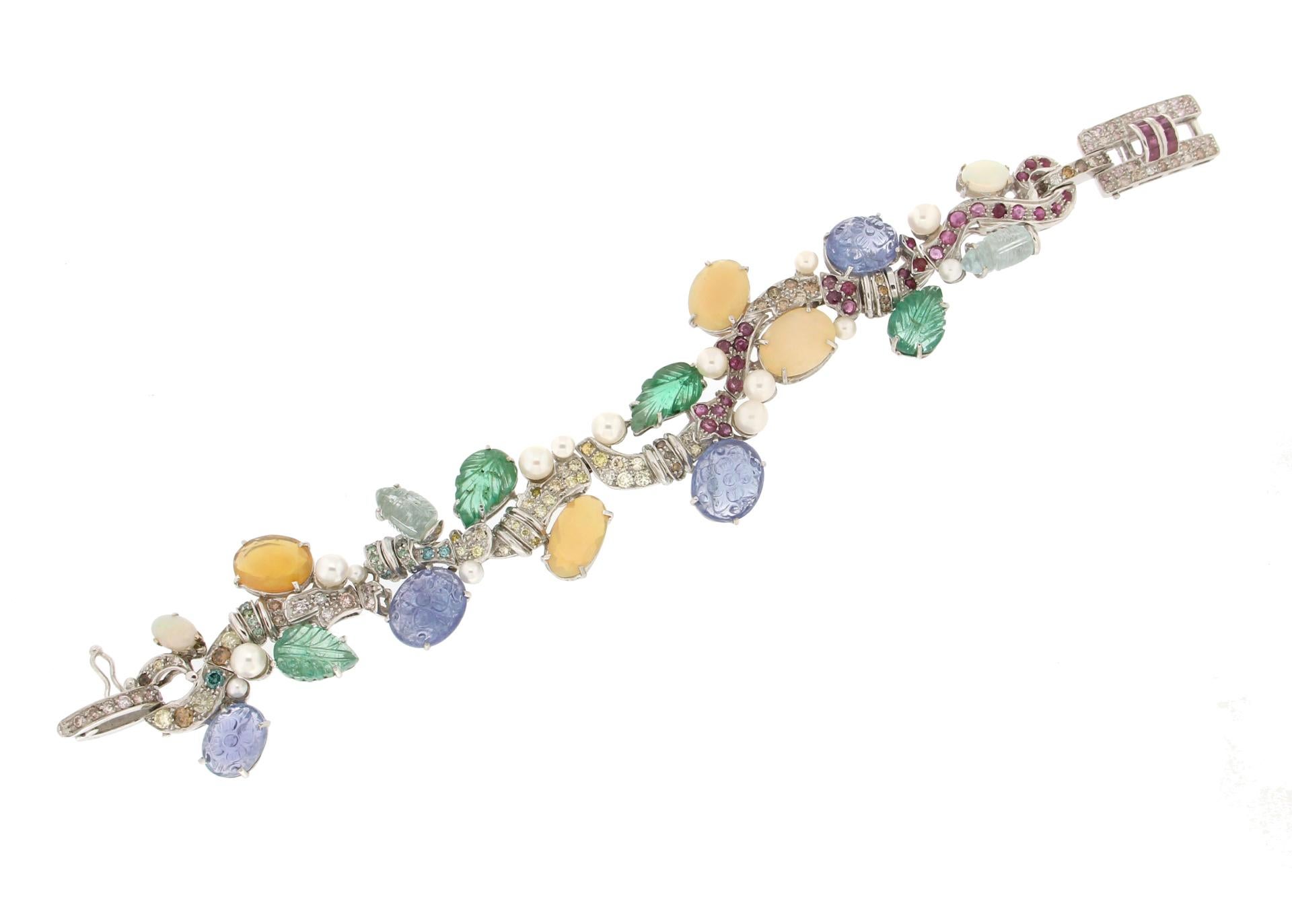 Bracelet manchette artisanal en or blanc 18 carats et diamants multicolores Neuf - En vente à Marcianise, IT