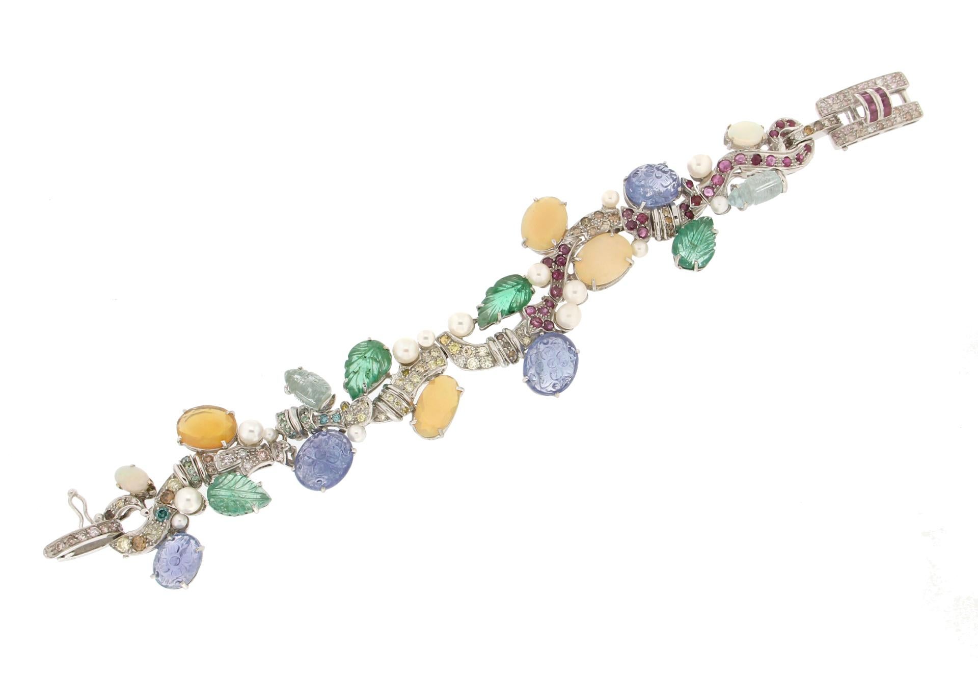 Bracciale artigianale con diamanti multicolore in oro bianco 18 carati In condizioni Nuovo in vendita a Marcianise, IT