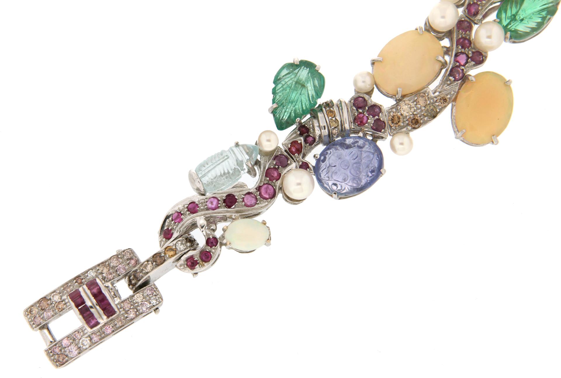 Bracelet manchette artisanal en or blanc 18 carats et diamants multicolores Pour femmes en vente